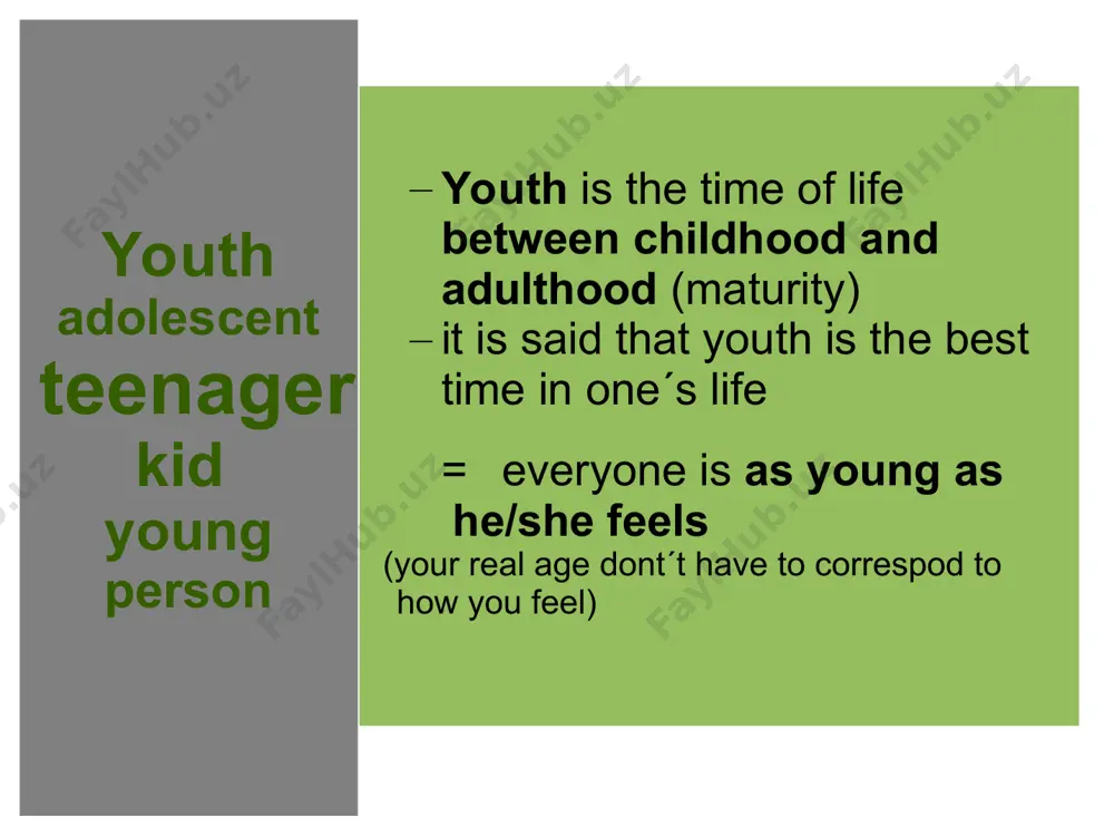 and role models and try to immitate them how do young people spend their spare time? interests, hobbies. problems that young people face in families (a generation gap) – they have conflicts with their parents,/ an older generation, have different opinions on life, duties, rights etc. at school - conflicts with their teachers if they behave rudely, play truant, are lazy, disobedient, dont´t learn enough - conflicts with their schoolmates – can be bullied / or bully others face dangers of different addictions because they are easily influenced by their peers – don´t want to differ from the crowd - mainly girls can be influenced by mass media in how they should look – good look is the most important for them, all of them want to be slim, they suffer from anorexia or bulimia which can endanger their lives at present – obesity has become a great problem of …