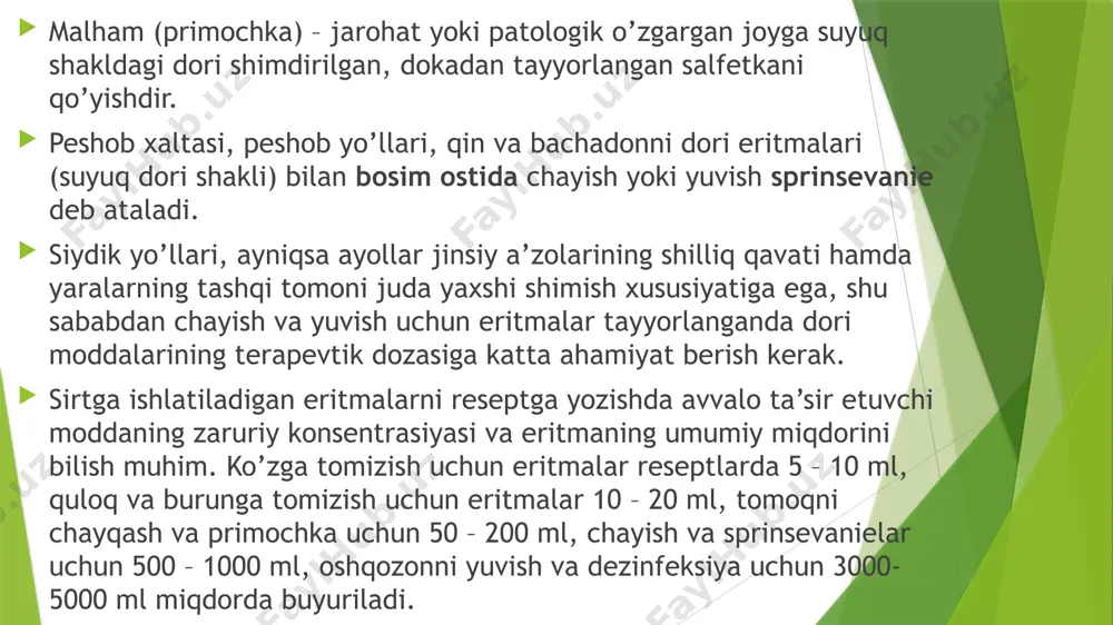 ’rsatuvchi moddalardan (basis) iborat bo’ladi. shuningdek, stabilizatorlar, sirt-faol moddalar, konservantlar va boshqa yordamchi moddalar saqlashi mumkin. shakl beruvchi moddalar yuqori darajada sifatli bo’lishi va quyidagi talablarga javob berishi kerak: - quyosh nuri, havo harorati kabi tabiiy ta’sirlarda buzilmaslik; antimikrobial barqarorlik; dori vositalari bilan kimyoviy reaksiyaga kirishmaslik, fiziko-kimyoviy barqarorlik; yumshoq konsistensiya, yuqori darajada surtilish va tana haroratida erib ketish; biologik zarar bermaslik, ba’zi hollarda teridan yaxshi so’rilish; tannarxi arzon bo’lishi. shuni ta’kidlash joizki, surtma asoslari shakl beruvchi vazifasini o’tash bilan bir qatorda ijobiy mahalliy ta’sirga ega, ya’ni ular ma’lum qalinlikda parda hosil qilib, teri va shilliq qavatlarni mexanik ta’sirotlardan saqlaydi, ularning sezuvchanligini pasaytiradi, issiqlik tarqatishni kamaytiridi, to`qimalar trofikasini yaxshilaydi, yallig’lanishga qarshi, antiseptik va qichishishga qarshi ta’sir ko’rsatadi. surtma asosi sifatida ishlatiladigan moddalar: tozalangan cho’chqa yog’i (adeps suillus depuratus) – cho’chqa charvisini eritish yo’li bilan olinadi. oq, bir xil massa bo’lib 34–46°c da eriydi. yaxshi tarafi shundaki u teri ustini ideal qoplaydi, …