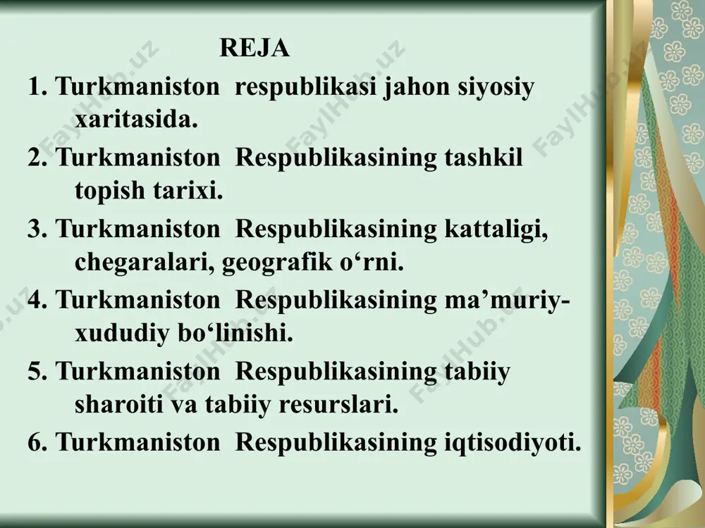 n. turkmaniston 12–asr va 13–asr boshlarida xorazm davlati qaramog‘ida bo‘lgan. 14–asrning 70–80 yillarida temuriylar tasarrufiga o‘tgan. 15–asrda turkman ellatining shakillanishi nihoyasiga yetdi. 16–17 asrlarda hududning ma’lum qisimlari xiva va buxoro xonliklariga, boshqa qismi eronga tobe bo‘lgan. 1869–1885 yillarda turkmaniston hududini rossiya bosib olgan. 1917 yil sovet hokimiyati o‘rnatildi, 30 aprel 1918 yilda turkmaniston muxtor sovet sotsialistik respublikasi tashkil etildi. 1924 yil “milliy davlat chegaralanishi“ bo‘lib, 27 oktyabr 1924 yilda turkmaniston ittifoqdosh respublikalar tarkibiga kirdi. suveren turkmaniston respublikasi esa 1991 yil 27 oktyabridan jahon siyosiy xaritasida mustaqil davlat sifatida paydo bo‘ldi. turkmanistoi respublikasining umumiy maydoni 488 ming kv km bo‘lib, bu ko‘rsatkichga ko‘ra u mdh da 4, markaziy osiyoda 2 (markaziy osiyoning 12,5 % hududini t.e.), jahonda esa 53–o‘rinda turadi. aholisi 5,5 mln kishi (2012 y)–bu ko‘rsatkich bo‘yicha mdh da 10 va jahonda 94–o‘rinni egallaydi. tabiiy sharoiti relefining 80 % tekisliklar (turon tekisligi) dan iborat. chekka janubiy chegaralariga tutash uning asosiy …