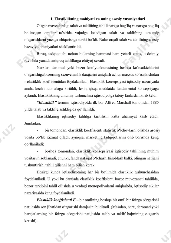 ikllar nazariyasida keng foydalaniladi. elastiklik koeffisienti e – bir omilning boshqa bir omil bir foizga o‘zgarishi natijasida son jihatidan o‘zgarishi darajasini bildiradi. (masalan, narx, daromad yoki harajatlarning bir foizga o‘zgarishi natijasida talab va taklif hajmining o‘zgarib ketishi). bir o‘zgaruvchining boshqa bir o‘zgaruvchi ta’siri ostida o‘zgarishini o‘lchaydigan o‘lchov; aniqroq qilib aytganda, biror a o‘zgaruvchining bir foizga o‘zgarishi natijasida boshqa bir b o‘zgaruvchining ma’lum foiz miqdorga o‘zgarishini ko‘rsatadigan sondir. ; a o‘zgaruvchining foizdagi o‘zgarishi b o‘zgaruvchining foizdagi o‘zgarishi ko‘rib o‘tilayotgan omillar o‘rtasidagi bog‘liqlik to‘g‘ridan-to‘g‘ri yoki qarama-qarshi bo‘lishi mumkin. to‘g‘ridan-to‘g‘ri bog‘liqlik – (ijobiy koeffisient) bunda bir omilni o‘sib borishi boshqa bir omilni oshib borishiga turtki bo‘ladi. masalan, iste’molchining daromad lari oshib borsa, talab elastikligi ham ortib boradi. qarama-qarshi bog‘liqlik – (salbiy koeffisient) bunda bir omilning ortib borishi boshqa bir omilni yo‘q bo‘lib ketishiga olib keladi. masalan, daromad bo‘yicha talab elastikligining ortib borishi natijasida birmuncha pastroq darajadagi tovarlarning yo‘q bo‘lib ketishiga olib keladi. barcha …