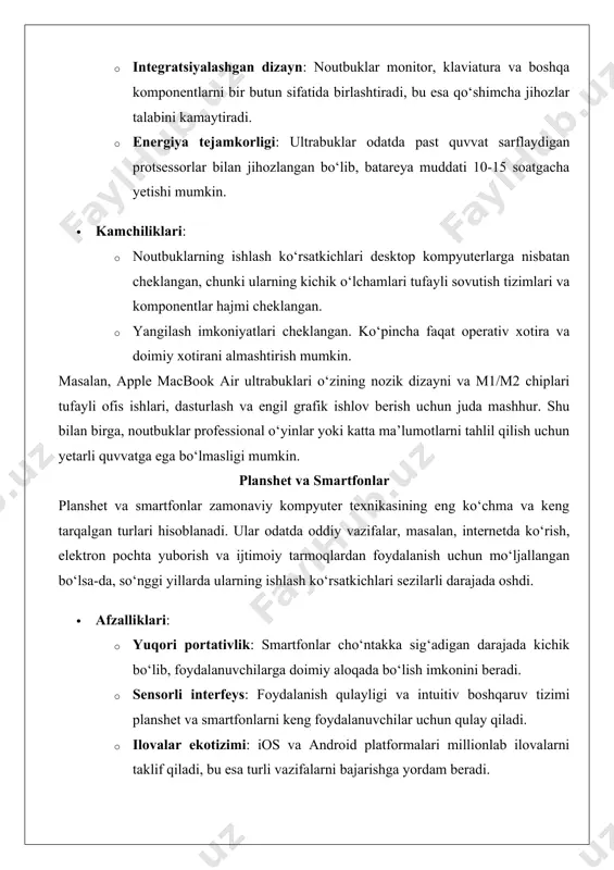 kab dasturlarni ishga tushirish uchun yetarli quvvatga ega emas. · kichik ekran o‘lchamlari murakkab vazifalarni bajarishda noqulaylik tug‘dirishi mumkin. masalan, apple ipad pro planshetlari apple pencil va klaviatura aksessuarlari bilan birgalikda grafik dizayn, video montaj va hatto dasturlash kabi professional vazifalar uchun ishlatilishi mumkin. shu bilan birga, ularning ishlash ko‘rsatkichlari hali ham desktop yoki noutbuklarga yetmaydi. zamonaviy kompyuter arxitekturasi zamonaviy kompyuterlarning ishlashi ularning asosiy komponentlariga bog‘liq. ushbu bo‘limda protsessor (cpu), operativ xotira (ram), doimiy xotira (ssd, hdd) va videokartalar (gpu) tahlil qilinadi. protsessor (cpu) va yadrolar soni protsessor yoki markaziy ishlov berish bloki (cpu) kompyuterning "miyasi" hisoblanadi. u barcha hisob-kitoblarni amalga oshiradi va dasturlarni ishga tushirish uchun zarur bo‘lgan buyruqlarni bajaradi. zamonaviy protsessorlar ko‘p yadroli arxitekturaga ega bo‘lib, bir vaqtning o‘zida bir nechta vazifalarni bajarishga imkon beradi. · yadrolar soni va ko‘p oqimli ishlov berish: zamonaviy protsessorlar odatda 4 dan 16 gacha yadroga ega bo‘lib, har bir yadro mustaqil ravishda …