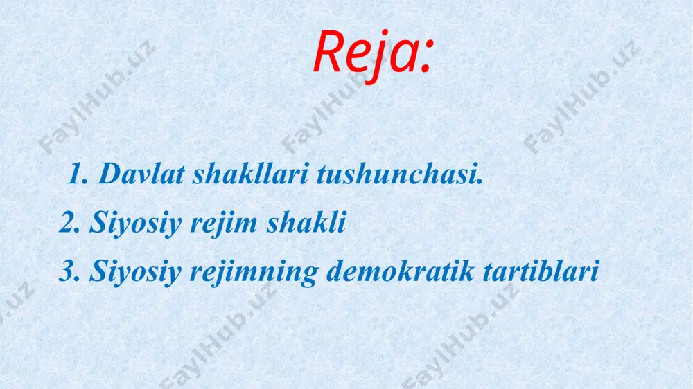 avlatda siyosiy hokimiyat qanday usullar bilan amalga oshirilishiga bog’liq; (agar ishontirish, kelishuv, qonunchilik, parlamentlik yoki huquqiy majburlov usullari bo’lsa, u albatta progressiv, ya'ni demokratik rejim) yoki aksincha usullar qo’llansa – antidemokratik, reaktsion rejim bo’ladi. -har bir mamlakatda siyosiy rejim siyosiy kuchlarning nisbati bilan belgilanadi. siyosiy kuchlar balansi bir xil bo’lsa, bu yerda stabil rejim bo’ladi. bu davlat hokmiyatining amalga oshirish usuli yig’indisidir. bu usullar ikki hil bo’ladi, demokratik siyosiy tartib va nodemokratik siyosiy tartib, demokratik siyosiy tartibda davlatda fuqarolarning huquq va burchlarini ta'minlash, xalqni turli jamoat tashkilatlariga birlashtirish, davlat hokimiyat va boshqaruv organlarini xalq ishtirokida saylash, davlatni boshqarishda keng xalq ommasini ishtirok etishi va boshqalar. masalan; o’zbekiston respublikasida davlat siyosiy tartib bo’yicha demokratik asosda idora etiladi. demokratik tartib asosan ikki xil usulda amalga oshiriladi 1.vakillik demokratiyasi usuli - bunda o’zbekison hududida yashovchi aholi oliy majlisga o’z vakili deputat saylaydi, davlat ahamiyatiga ega bo’lgan iqtisodiy, siyosiy va huquqiy masalalarni xalqning vakili …