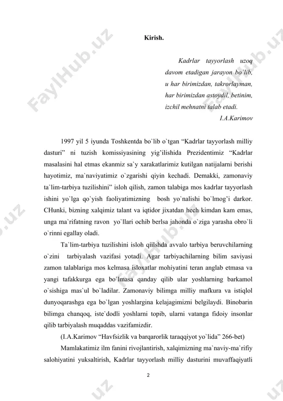 sislarni tayyorlash har bir pedagogning zimmasidagi muhim burchi hisoblanadi. ta`lim tizimini tubdan yaxshilash va ijobiy o`sishida o`qitish metodlarini takomillashtirish, ilg’or texnologiyalarni amalda ko`proq bajarish zaruriyati davr talabidir. o`qituvchilar o`quvchilarni ijodiy saloxiyatini faollashtirish, ularni qobilyatini hamda qiziqishlarini hisobga olgan holda darslarni o`tish, dars turlari, maktabdan tashqari ta`limga qo`yilgan davlat standarti talablarini bajarish, an`anaviy dars o`tish usullari bularni barchasi o`quvchilarni aqliy, axloqiy, g’oyaviy-tarbiyaviy va jismoniy voyaga etkazish umummilliy vazifamiz hisoblanadi. o`quvchilarni tasviriy sa`nat bo`yicha badiiy didini tarbiyalashda, jamiyat quruvchilarini estetik tarbiyachisiga raxbarlik qilishda ham pedagoglar katta rol’ o`ynashlari muhim. mustaqillikning dastlabki kunlaridan boshlab respublikamizda xalq ta`limining tubdan isloh qilish, uni jahonning rivojlangan mamlakatlari darajasiga olib chiqish masalasi kun tartibiga qo`yildi. shu maqsadda 1992-yil iyulda “ta`lim to`g’risida”gi qonun e`lon qilindi. bu xujjatda ko`rsatilgan reja va tadbirlarni amaliyotga joriy etish davlat siyosatining ustuvor yo`nalishi deb qaraladi. xalqimiz hayotida ro`y berayotgan o`zgarishlar, sanoat sohasida ham muayyan darajada o`z ta`sirini o`tkazmoqda. shunday ekan, san`at hozirgi kunlarda …