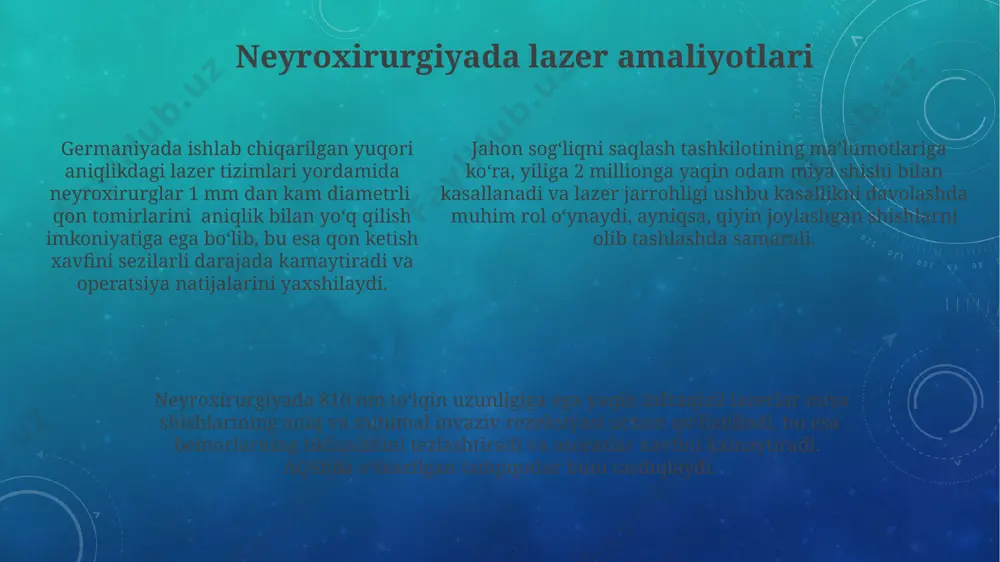 ahridagi onkologiya ilmiy-tadqiqot institutida o'tkazilgan tadqiqotlar shuni ko'rsatdiki, past intensivlikdagi lazer nurlanishi teri saratonining erta bosqichlarini davolashda 70% hollarda qaytalanmas tiklanishga olib keladi. o'zbekistondagi onkologiya markazlarida yiliga 5000 dan ortiq bemorga lazerli fotodinamik terapiya (lft) qo'llanilib, saraton hujayralarini yo'q qilishda 85% ga yaqin samaradorlik ko'rsatkichiga erishiladi. kardiologiyada lazerning roli angioplastikada lazer yordamida to'siqlarni ochish jarayonida, masalan, germaniyada o‘tkazilgan tadqiqotlarga ko‘ra, lazer nurining uzunligi va kuchi bemorning yoshi va to'siqning og‘irligiga qarab tanlanadi, bu esa muolajaning samaradorligini oshiradi. yurak klapanlarini almashtirishda, ayniqsa, minimal invaziv jarrohlik usullarida, lazer texnologiyalari yordamida 10 mm dan kam diametrli kesmalar orqali muvaffaqiyatli operatsiyalar o‘tkazilmoqda, bu esa bemorlarning tezroq tiklanishiga yordam beradi. jahon miqyosida bunday amaliyotlar soni yildan-yilga oshib bormoqda. lazerli ablatsiya yordamida aritmiya davolashda, masalan, aqshning boston shahridagi klinikalarda, 90% dan ortiq hollarda samarali natijalarga erishiladi, bu usul yurak to'qimasining nuqtaviy yo'q qilinishini ta’minlaydi va murakkab operatsiyalarga ehtiyojni kamaytiradi. dermatologiyada lazer davolash usullari fraxel lazerlari, 1550 …