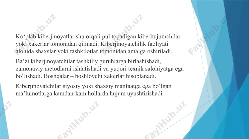 radigan ko'plab ulanish so'rovlarini ortiqcha yuklaydi. kiber shantajchilar pul olish uchun ddos hujumlari tahdididan foydalanishlari mumkin. ddos hujumiga misol qilib 2017 yilda buyuk britaniya milliy lotereya veb-saytiga qilingan hujumni keltirish mumkin. kiberterrorizm u moddiy ob'ektlarning shikastlanishiga, ma'lumotlarning buzilishiga yoki boshqa muammolarga olib kelishi mumkin. kiberterrorizm - bu davlat xavfsizligiga, shaxslarga va jamiyatga tahdid soladigan kibermakondagi noqonuniy harakatlar majmuidir. kiberterrorizmning asosiy maqsadi ijtimoiy, iqtisodiy va siyosiy muammolarni hal qilishga ta'sir qilish hisoblanadi. butun dunyoda narsalar internetining "aqlli" qurilmalari soni tez sur'atlar bilan o'sib bormoqda. ularning barchasi terror yoki shantaj maqsadida maqsadli hujumlar uchun asos bo'lib xizmat qiladi - ayniqsa, hozirgi paytda ko'plab zavod va fabrikalar ham texnik jarayonlarni boshqarishning avtomatlashtirilgan tizimlarida (асу тп) “aqlli” qurilmalardan foydalanadilar. kiberjinoyatchilar aholini qo'rqitish uchun masalan, ustaxonani tugatish yoki hatto atom elektr stantsiyasini portlatish kabi buzg’unchiliklarni amalga oshirishi mumkin. jinoyatchilar o‘z harakatlarida zamonaviy texnologiyalarning barcha imkoniyatlaridan, jumladan, zamonaviy gadjetlar va dasturiy mahsulotlar, elektron qurilmalar, boshqa sohalardagi …