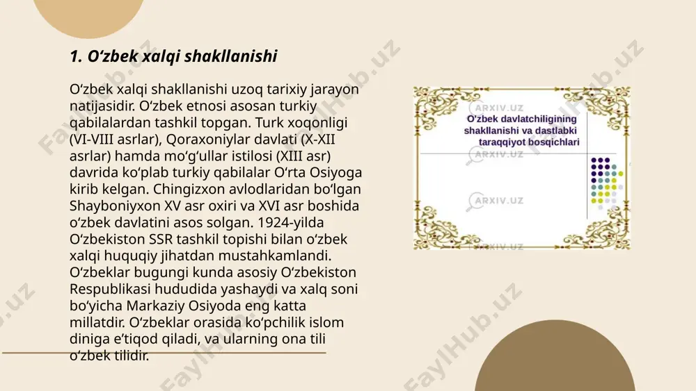 dai_bot bobur va boburiylar saltanati 1526-yilda zahiriddin muhammad bobur tomonidan hindistonda asos solingan. bobur 1483-yilda andijonda tug‘ilgan va temuriylar avlodidan bo‘lgan. 1526-yil panipat jangida bobur dehli sultoni ibrohim lodini mag‘lub etib, hindistonni egallaydi. boburiylar saltanati xvii asrda eng qudratli davrini boshdan kechiradi. akbarshoh (1556–1605) saltanatni kengaytiradi va markazlashgan ma'muriy tizim yaratadi. aurangzeb (1658–1707) davrida imperiya maydoni eng yirik bo‘ladi, ammo bu davrdan so‘ng saltanat zaiflashadi. 1857-yilda britaniya imperiyasi tomonidan boburiylar sulolasining so‘nggi hukmdori bahodir shoh ii taxtdan ag‘darilishi bilan saltanat nihoyasiga yetadi. boburiylar hindiston madaniyatiga katta ta'sir ko‘rsatib, me'morchilikda toj mahal kabi asarlar qoldirganlar. ... t.me/slaydai_bot 7. shayboniylar davlati shayboniylar davlati 16-asrning boshlarida o‘rta osiyoda tashkil topgan. 1500-yilda muhammad shayboniyxon xorazmni, 1501-yilda esa samarqandni bosib olib, temuriylar davlatiga barham berdi. 1506-yilda shayboniylar buxoroni ham egalladi. bu davlatning sarhadlari amudaryo va sirdaryo oralig‘ida joylashgan bo‘lib, ma’muriy markazlari samarqand va keyinchalik buxoro bo‘ldi. ular davrida islom dini ahamiyati yanada kuchayib, shariat qonunlari …