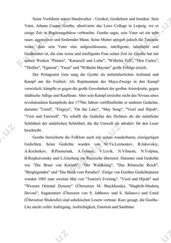 985 zum zweiten mal von "tourist's evening", "visol and hijrah" und "western oriental dynasty" (übersetzer m. shaykhzoda), "maghrib-mashriq devoni", fragmentiert (übersetzt von s. jabborov und s. salimov) und umid (übersetzer shukrullo) sind usbekischen lesern vertraut. kurz gesagt, die goethe-lire steckt voller aufregung, aufrichtigkeit, emotion und sanftmut. goethes die krankheit des zeitalters verter wurde 1774 veröffentlicht. goethe dankte in diesem buch sehr seinem unglücklichen heimatland, den völkern der sowjetzeit und seinem vorgänger in der welt des feudalismus. dieser sentimentale roman hat den jungen goethe weltberühmt gemacht. der brief besteht aus briefen an verters freund wilhelm. auf wunsch des storm and attack-programms beschrieb goethe ihren helden mit demselben buchstaben. die arbeit ist recht einfach. er beschreibt die tyrannei des herzens, die von tag zu tag voranschreitet, wenn verter in einer kleinen stadt ankommt und lotta kennenlernt.. goethe begann seine praktische laufbahn 1772 am reichshof venslau. er muss sich eine weile mit jurten …