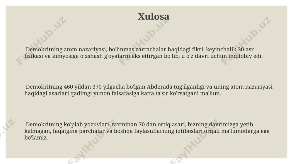 eng kichik zarrachalardan – atomlardan tashkil topganligini ta'kidlaydi. demokritning axloq falsafasi, o'z davrining boshqa yunon shahar-davlatlarida ham katta ta'sir ko'rsatgan, baxtga erishishning yo'lini o'rtacha turmush tarzida va ruhiy xotirjamlikda ko'rgan. demokritning "katta kosmos" haqidagi nazariyasi, taxminan 400 yil avvalgi yunon faylasufi bo'lgan demokrit tomonidan yaratilgan bo'lib, koinotning cheksizligi va undagi son-sanoqsiz dunyolarning mavjudligi haqida hikoya qiladi. e'tiboringiz uchun rahmat @taqdimot_robot