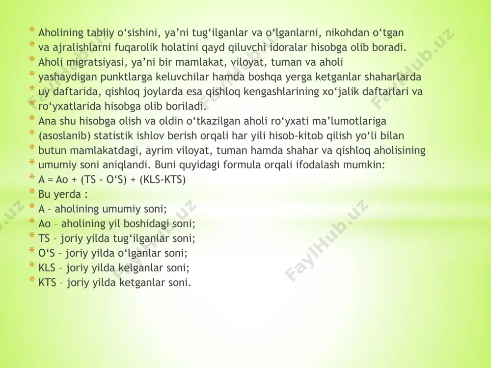 ngu saqlab qolish uchun o‘rta hisobda har 100 oila kamida 270 farzandga ega bo‘lishi, buning uchun esa jinsiy mutanosiblikni ta’minlash zarur. statistika orqali aholini shahar va qishloq aholisiga bo‘lib o‘rganish: 1) mamlakatda urbanizatsiya (shaharlashtirish) jarayoni qay darajasida borayotganini; 2) bozor munosabatlarining shahar va qishloq joylarida qay darajada shakllanganini; 3) turmush darajasi bo‘yicha shahar bilan qishloq aholisi o‘rtasidagi tafovutlarni; 4) shahar va qishloq joylarida davlatning ijtimoiy siyosati qay darajada o‘z ijrosini topayotganligi kabi qator masalalarni tahlil qilish uchun zarurdir. o‘zbekiston aholisi tabiiy ko‘payish hisobiga ortmoqda va tez sur’atlar bilan o‘suvchi mamlakatlar qatoriga kiradi. o‘zbekiston aholisi har yili o‘rtacha 530–540 ming nafar kishiga yoki 2–2,5% ga oshadi. dastlabki ko‘rsatkichlarga ko‘ra, doimiy aholining soni 2010-yilning 1 yanvaridagi holat bo‘yicha 28000,8 ming odamni tashkil etdi va joriy yilning boshidan 467,4 ming kishiga yoki 1,7 foizga ko‘paydi. 2009-yil yanvar-dekabr oyi mobaynida tug‘ilganlar soni 649,7 kishini tashkil etdi va 2008-yilning tegishli davriga nisbatan 3,6 ming kishi …
