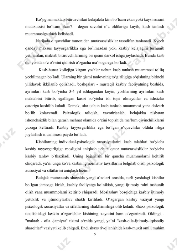 a ko‘nikish, yangi ijtimoiy rolni tushunib olish yana muammolarni keltirib chiqaradi. moslashuv bosqichiga kasbiy ijtimoiy yetuklik va ijtimoiylashuv shakli kiritiladi. o‘zgargan kasbiy vaziyat yangi psixologik xususiyatlar va sifatlarning shakllanishiga olib keladi. shaxs psixologik tuzilishidagi keskin o‘zgarishlar kishining xayotini ham o‘zgartiradi. oldingi - "maktab - oila -jamiyat" tizimi o‘rnida yangi, ya’ni "kasb-oila-ijtimoiy-iqtisodiy sharoitlar" vaziyati kelib chiqadi. endi shaxs rivojlanishida kasb-muxit omili muhim ahamiyatga ega bo`ladi. har bir kishining xayotida kasbiy rivojlanish bo‘yicha o‘zgartiruvchi normativ vaqtlar mavjud bo`ladi. masalan, kasb-hunar kollejiga kirish, uni tugatish, ishga kirish, mehnatga bo`lgan layoqatini yukotish, majburiy ishdan bo`shash va boshqalar. bunday voqealarining paydo bo‘lishi bexosdan yoki qandaydir sharoitlar tufayli, goxida esa mutaxassislik sababi natijasida bo`ladi. ko‘p xollarda normativ bo`lmagan voqealar kasbiy istalmagan noxush voqealar hisoblanadi. jamiyatimiz uchun dolzarb psixologik muammolardan biri-bu ishchining nafaqaga chiqishi hisoblanadi. ijtimoiy-iqtisodiy shart-sharoitlarning o‘zgarishi yangi ijtimoiy vazifa - nafakaxurlar uchun psixologik qiyinchiliklarni keltirib chiqaradi. shuningdek, ular psixologik kumak va qo‘llab-qo`vvatlashga muxtoj bo`ladilar. shaxs …