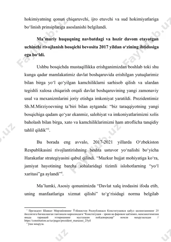 an. aynan shu normaning ijrosini amalda ta’minlash maqsadida 2017 yilda ma’muriy islohotlar konsepsiyasi qabul qilindi[footnoteref:5]. [5: қаранг: “ўзбекистон республикасида маъмурий ислоҳотлар концепциясини тасдиқлаш тўғрисида”ги ўзбекистон республикаси президентининг фармони // «халқ сўзи» газетасининг 2017 йил 9 сентябрдаги 180 (6874)-сони.] konsepsiyaga asosan davlat boshqaruvi tizimini tubdan isloh qilishning 6 ta ustuvor yo‘nalishi belgilandi. ma’muriy islohotlarni amalga oshirish yangi bsqichidan ko‘zlangan asosiy maqsad – ixcham va professional ijro organlari tizimini, zamonaviy menejmentga asoslangan boshqaruv tizimini yaratishdan iboratdir. ta’kidlash kerakki, ma’muriy huquq rivojlanishining ikkinchi bosqichiga nisbatan uchinchi bosqichda ma’muriy huquq amalda ancha liberallashdi. buni davlat organlari va mansabdor shaxslarning jamiyat va fuqarolarga nisbatan munosabati keskin o‘zgarganidan, xalqimiz va aholiga davlat boshqaruv munosabatlarida o‘zlarining huquqlarini amalga oshirishda huquqiy va amaliy jihatdan sharoitlar yaratilgani bilan izohlash mumkin. bu jarayonda eng asosiy e’tibor fuqarolarimizga o‘z huquqlarini ro‘yobga chiqarish uchun keng imkoniyatlar yaratishga qaratildi. “jismoniy va yuridik shaxslarning murojaatlari to‘g‘risida”gi qonun yangi tahrirda qabul qilindi. shu asosda aholi …