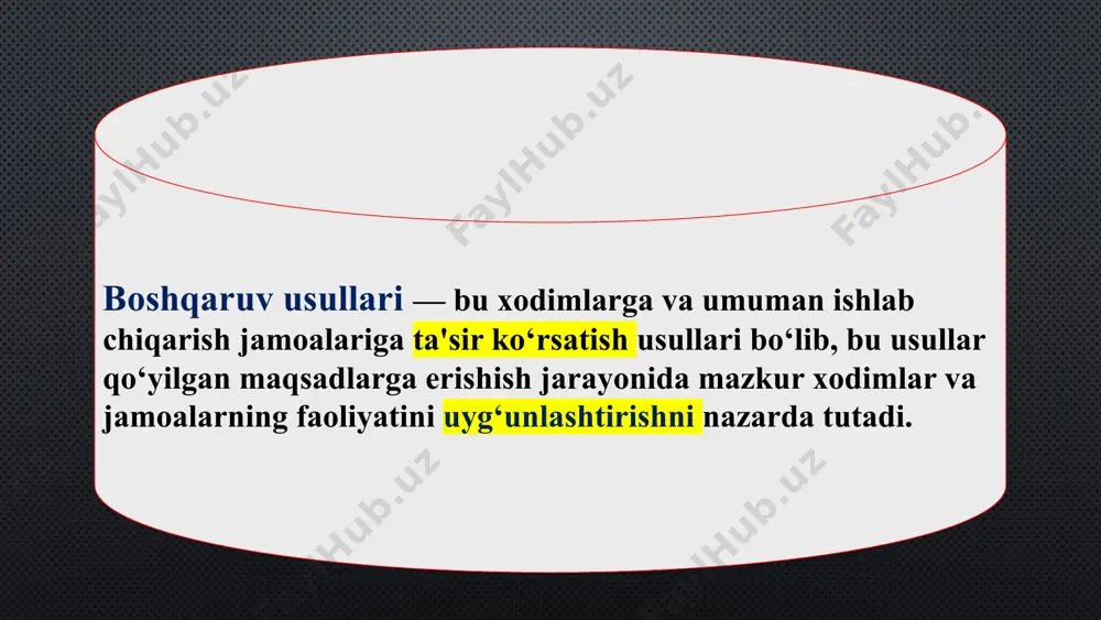 hiqarishga rag‘batlantiruvchi va shunga da'vat etuvchi bo‘lishi kerak. boshqarishning iqtisodiy usullari iqtisodiy usullarning mohiyati shundan iboratki, iqtisodiy vositalardan (ish haqi, mukofotlar, foyda, soliqlar, imtiyozli narxlar va boshqalar) foydalangan holda kompaniya xodimlari va kompaniyaning iqtisodiy faoliyatida ishtirok etadigan boshqa shaxslarning iqtisodiy manfaatlariga ta'sir qilish orqali ishlab chiqarishni samarali boshqarishni tashkil etishdir. ushbu usullar menejerlarning samarali boshqaruv qarorlarini qabul qilishda mas'uliyati va qiziqishini oshirishga qaratilgan moddiy rag‘batlantirishga, shuningdek xodimlarni tayinlangan vazifalarni maxsus ma'muriy ta'sirisiz hal qilishda tashabbuskor bo‘lishga undashga asoslangan. tijorat hisobi(коммерческий расчет) tijorat hisob-kitobining mohiyati xarajatlar nisbati va kompaniyaning iqtisodiy faoliyatining ratsionalligini tahlil qilish va foydani ta'minlashdan iborat. moliyaviy hisoblash iqtisodiy dastaklarni ham, vositalarni ham, boshqaruv funksiyalarini ham umumlashtirganligi sababli, u ishlab chiqarish samaradorligini, texnologik rivojlanishni, kapitaldan optimallashtirilgan foydalanishni va tejamkor kadrlar siyosatini ta'minlashga yordam beradi. ushbu barcha masalalar bo‘yicha strategiyani ishlab chiquvchi markaziy davlat organlari turli bo‘limlarga o‘z faoliyatining mohiyati va xususiyatiga qarab tabaqalashtirilgan yondashuvni qo‘llaydilar. tijorat hisob-kitobining xususiyati korxonalar, …