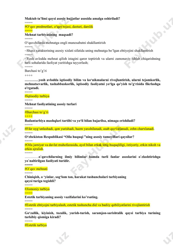 kiyinish, tozalik, yurish-turish, saramjon-sarishtalik qaysi tarbiya turining tarkibiy qismiga kiradi? ==== #estetik tarbiya milliy tarbiya mezonlarini belgilashda nimalar e’tiborga olinadi? ==== #o‘quvchilarning yoshi, aqliy imkoniyatlari milliy tarbiyaning ko‘rsatkich va mezonlari qaysi qatorda to‘g‘ri ko‘rsatilgan? ==== #vatanparvarlik, milliy g‘urur milliy odob, vijdoniylik ++++ ta’lim tamoyillari qaysi qatorda to‘g‘ri ko‘rsatilgan? ==== #ta’lim jarayonining ko‘rsatmali bo‘lishi, bilimlarni puxta va tizimli o‘zlashtirib olish, ta’lim jarayoni va tizimini demokratlashtirish va insonparvarlashtirish, ta’lim jarayonida shaxsiy xususiyatlarni hisobga olish darsga qo‘yiladigan didaktik talablar – bu: ==== #har bir dars aniq g‘oyaviy, mafkuraviy izlanishga ega bo‘lishi lozim. o‘qituvchi esa ulardan tarbiyaviy maqsadda foydalanmog‘i lozim ==== komillik 3 bosqichdan iborat bo‘ladi. ular qaysilar? ==== #jismoniy salomatlik, axloqiy poklik, aqliy yetuklik ==== ishning umumiy yo’nаlishi, mаzmuni, shаkli vа mеtоdlаrini аniqlаsh, …….. mаqsаdi. ==== # bоshqаruv fаоliyatining ==== metodik kengash faoliyati ……………….o‘z aksini topadi ==== umumiy o‘rta ta’lim maktabi metodik kengashi to‘g‘risida»gi nizomda ==== tа`lim muаssаsаsi pеdаgоgikа kеngаshi qаrоridа ==== kengash …