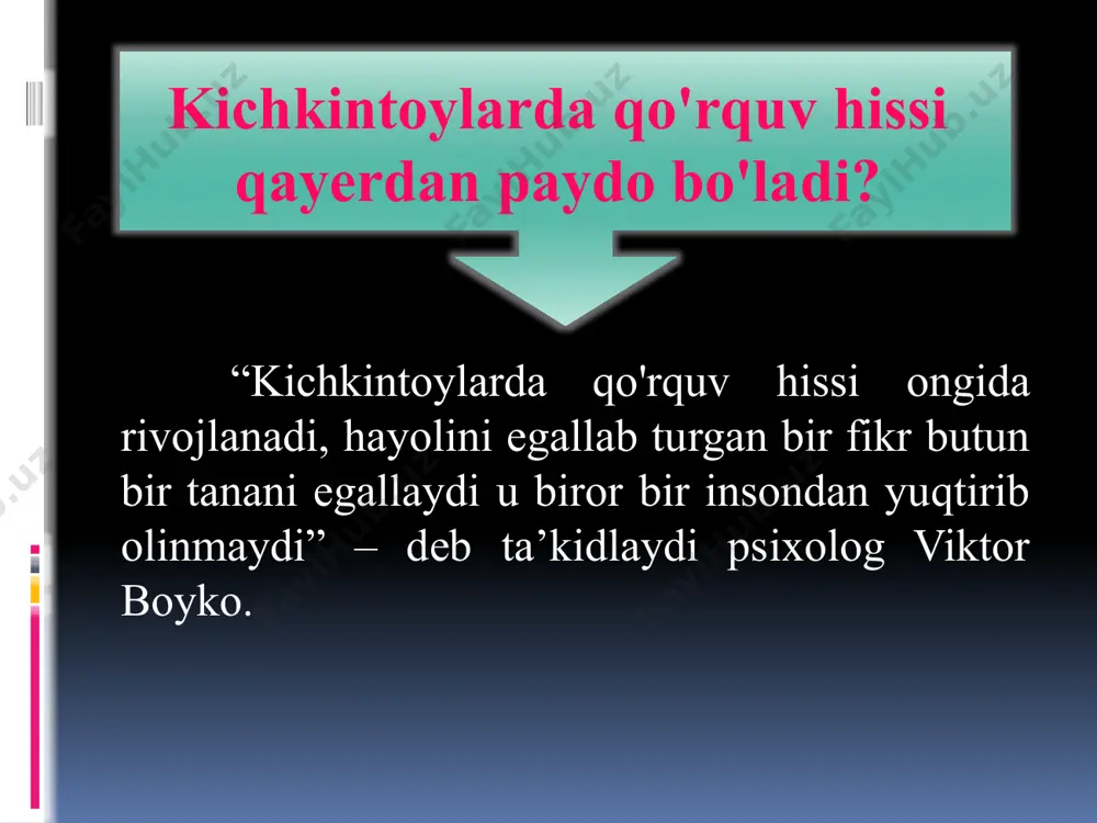 nan nimadan qo'rqayotganini va undan qay usulda xalos bo'lishni bilib olishingiz mumkin. yana bir usullardan biri bu - qo'rquvning suratini chizish va uni shu yo'lda yengishdir. bolalar surat chizganlarida ham qo'rquvni bilib olish mumkin. aytib beriladigan usullardan ko'ra chizish usuli qo'rquvni yanada yaqqol ifoda eta olishda yordam beradi. undan tashqari qo'rquv suratini yondirib tashlash mumkin, bola o'z qo'rquvini ana shu usulda ham yengishi mumkin. yondirish ham havfli va bola uchun g'oya bo'lib xizmat qilmasligi uchun biz qo'rquv suratini boshqa chiroyli suratga aylantirib yuborishimiz ham mumkin. insonni qo`rquv boshqaradi зигмундфрейд [freud] (1856.06.05 – 1939.23.09) psixolog z.freyd bo`yicha ob’ektiv xavotir tushunchasi o`z ichiga tashqi dunyodagi xavfning real vaziyatini qamrab oladi. bu vaziyat shaxs tomonidan tahlika xavf-xatardek idrok etiladi. xavfni idrok etish esa, emotsional reaktsiya hosil qiladi. nevrotik xavotir ob’ektiv xavotirdan shu bilan farq qiladiki, xavf-xatar manbai tashqi dunyoda emas, balki shaxsning o`zida, uning ichki dunyosida mavjud bo`ladi. qo'rqmas va mard inson qo'rqmas …