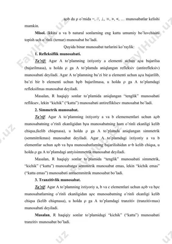 x, y(n, y=x2} funktsiya bo’ladi. ta’rif: y=f(x) shartni qanoatlantiruvchi tartiblangan (x; y) juftliklar to’plami funktsiyaning grafigi deyiladi. ta’rif. agar f:a(b akaslantirishda a=b, yani f:a(a bo’lsa, u holda f akslantyirish to’plamni o’z-o’ziga akslantiruvchi almashtirish deyiladi. y=f(x) da y element x elementning obrazi (aksi), x element esa y elementning, ya’ni f(x) ning proobrazi (asli) deb yuritiladi. ta’rif: agar b to’plamning har bir elementi asliga ega bo’lsa, u holda f:a(b aklantirishga syurektiv (ustiga) akslantirish deyiladi. misol. f:x(x2 moslik barcha haqiqiy sonlar to’plamini manfiymas haqiqiy sonlar to’plamiga aklantirish syurektiv akslantirish bo’ladi. ta’rif: agar b to’plamning har bir elementi bittadan ortiq asliga (proobrazga) ega bo’lmasa, u holda bunday akslantirishga in’ektiv (ichiga) akslantirish deyiladi. ta’rif: agar f:a(b akslantirish bir vaqtda syurektiv va inektiv bo’lsa, u holda f akslantirish biektiv akslantirish deyiladi. ta’rif:. a to’plamning har x elementini yana shu x elementga o’tkazuvchi (akslantiruvchi) akslantirishga ayniy (birlik) akslantirish deyiladi va uni ea:a(a orqali belgilanadi. ta’rif: agar f:a(a …