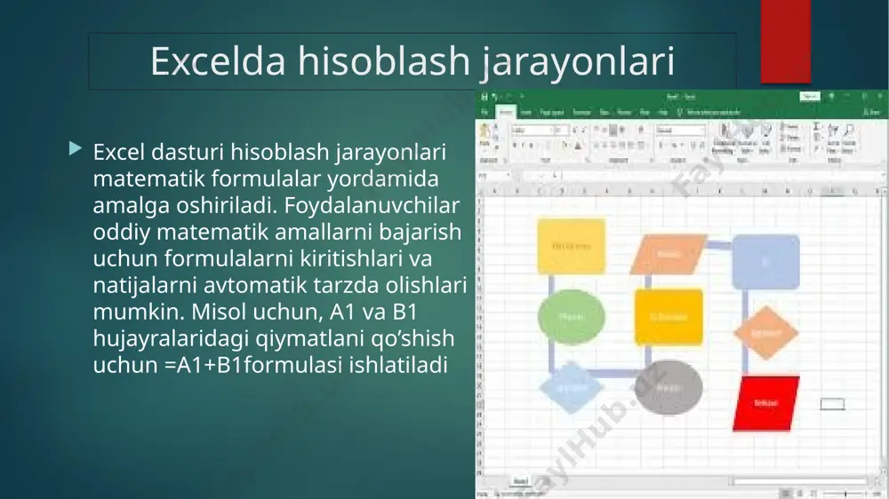 18. "merge & center" tugmasi qanday vazifani bajaradi? a) ustunlarni yashiradi b) qatorlarni ajratadi c) hujayralarni birlashtiradi va o‘rtasiga yozadi d) diagramma hosil qiladi 19. excelda "conditional formatting" funksiyasi nima uchun ishlatiladi? a) formulalarni tahrirlash uchun b) ma'lumotlarni rangli ajratib ko‘rsatish uchun c) qatorlarni o‘chirish uchun d) ustunlarni yashirish uchun 20. excelda "countif" funksiyasi nima uchun ishlatiladi? a) biror shartga mos keluvchi ma'lumotlarni sanash uchun b) hujayralardagi ma'lumotlarni birlashtirish uchun c) eng kichik qiymatni topish uchun d) diagrammalarni yaratish uchun 21. "protect sheet" funksiyasining vazifasi nimadan iborat? a) formulalarni yashirish b) jadvalni parol bilan himoyalash c) diagrammani o‘zgartirish d) filtrni qo‘llash 22. excelda "filter" funksiyasining vazifasi nima? a) ma'lumotlarni saralash b) diagramma qo‘shish c) tanlangan ma'lumotlarni ko‘rsatish va qolganlarini yashirish d) formulalarni avtomatlashtirish 23. qaysi formula qoldiqni hisoblash uchun ishlatiladi? a) =mod(a1,b1) b) =div(a1,b1) c) =remain(a1,b1) d) =res(a1,b1) 24. excelda "pivot table" nima uchun ishlatiladi? a) diagrammalar yaratish uchun b) …