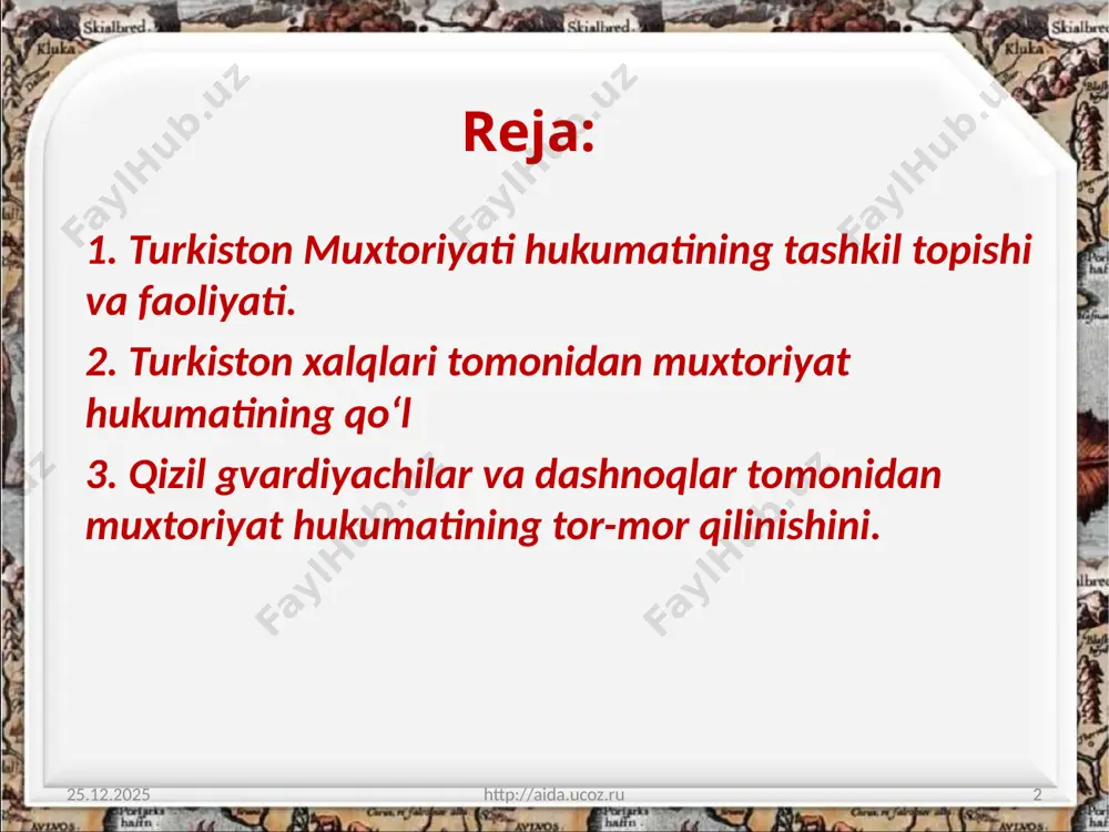 p://aida.ucoz.ru 5 qurultoyda turkiston muvaqqat kengashi a’zolaridan 8 nafar kishidan iborat tarkibda turkiston muxtoriyati hukumati tuzildi. hukumatning bosh vaziri hamda ichki ishlar vaziri etib muhammadjon tinishboyev saylandi. islom sulton shoahmedov – bosh vazir o‘rinbosari, mustafo cho‘qay – tashqi ishlar vaziri, ubaydulla xo‘jayev – harbiy vazir, hidoyatbek yurg‘uli agayev – yer va suv boyliklari vaziri, obidjon mahmudov – oziq-ovqat vaziri, abdurahmon o‘rozayev – ichki ishlar vazirining o‘rinbosari, solomon gers- feld – moliya vaziri lavozimlarini egallashdi. 18.02.2019 http://aida.ucoz.ru 6 mustafo cho‘qay bilimsiz va o‘z kasbiga layoqatsiz sovet hokimiyatining bolshevik komissarlaridan farqli ravishda muxtoriyat hukumati vazirlarining aksariyati oliy ma’lumotli huquqshunos ekanligi ularning bilim darajasining naqadar yuqori ekanidan dalolat beradi. qurultoy tugagach, 1-dekabrda turkiston muxtoriyatining muvaqqat hukumati a’zolari (8 kishi) imzolagan maxsus murojaatnoma e’lon qilindi. 18.02.2019 http://aida.ucoz.ru 7 murojaatnomada turkistondagi barcha aholi: irqi, millati, dini, jinsi, yoshi va siyosiy e’tiqodlaridan qat’i nazar, yakdillik va hamjihatlikka da’vat etilgan edi. turkiston xalqlari tomonidan muxtoriyat hukumatining qo‘llab-quvvatlanishi. …