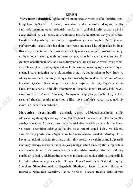 ra olmadi. shu sababli ilohiy qur’on va hadislarni ehtirom bilan o‘rganib, o‘gitlarini amalda tadqiq etish ham qarz, ham farz. i.bob. qur’oni karim g‘oyalari va adabiyot. 1.1. qur’onning asosiy g‘oyalari. bu olamning kaliti-islom dini ruknlari va qur’on karimdir. qur’oni karim haqida ma’lumot berishdan avval islom dini, uning paydo bo‘lishi haqida to‘xtalib o‘tish lozim. islom dini ko‘p xalqlar orasida keng tarqalgan dinlardan biridir. islom so‘zining ma’nosi “allohga itoat qilish”, “bo‘ysunish” ma’nolarini anglatadi[12, 32]. bu dinga e’tiqod qiluvchilar, ya’ni musulmonlar jahonda 2 mlrdga yaqin kishini tashkil etadi. islom dini arabiston yarimorolida vi asrning oxiri vii asrning boshlarida vujudga kelgan. uning asoschisi muhammad alayhissalom hisoblanadi. muhammad s. a. v makkada quraysh qabilasiga mansub hoshimiylar xonadonida tug‘ilgan (milodiy 570-632). muhammad alayhissalom 609-610-yillarda makkada yakka xudoga e’tiqod qilish to‘g‘risida targ‘ibot boshlagan. ammo zodagonlarning qarshiligiga uchragan. shundan so‘ng 622-yilda o‘z tarafdorlari bilan madina shahriga yo‘l oladi. aynan mana shu yildan musulmonlarning hijriy yil hisobi boshlanadi. 630-yilga kelib, …