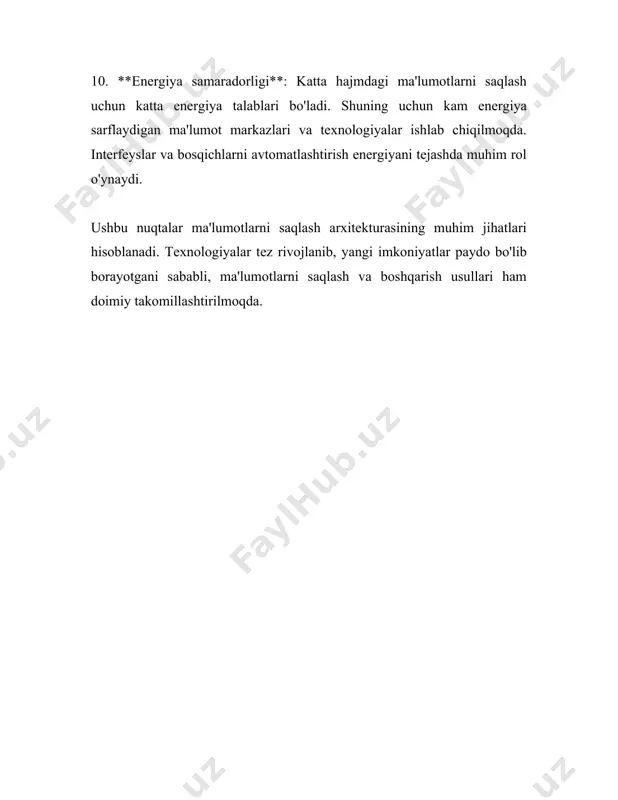 iy evropadagi bitta kompaniya tomonidan 2022 yilda o'tkazilgan tadqiqot natijalariga ko'ra, kompaniyalar ushbu dasturlar orqali daromadlarini 40 foizga oshirganligi qayd etilgan. ma'lumotlarni qayta ishlash dasturlarining kelajagi jiddiy e'tiborga molik va o'z olamidagi katta imkoniyatlarni aks ettirmoqda. 3. katta ma'lumotlar tahlili 3. katta ma'lumotlar tahlili mavzusi juda keng qamrovli va qiziqarli sohadir. katta ma'lumotlar (yoki big data) tahlili so'nggi yillarda texnologik rivojlanish bilan birga katta e'tiborni tortayotgan yo'nalishlaridan biridir. u katta xajmdagi ma'lumotlarni yig'ish, saqlash, qayta ishlash va tahlil qilish bilan shug'ullanadi. katta ma'lumotlar hajmi odatda 3v modeliga mos keladi: hajm (volume), turlicha (variety) va tezkorlik (velocity). 1. **hajm (volume):** katta ma'lumotlarga misol tariqasida facebook yoki google kabi kompaniyalarning sutkasiga ishlayotgan petabaytlar miqdordagi ma'lumotlarini misol qilish o'rinli. masalan, 2020-yilda taqdim etilgan ma'lumotlarga ko'ra, facebook har kuni 4 petabaytgacha yangi ma'lumotlarni yig'adi. har yili dunyoda hosil qilinayotgan ma'lumotlar hajmi geometrik progressiya shaklida o'smoqda. ta'kidlanishicha, 2025-yilga borib dunyoda yaratilgan hamma ma'lumotlarning hajmi 175 …