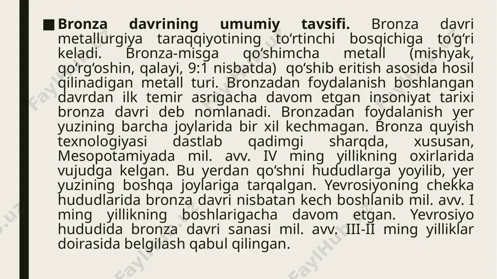 m bo‘ladi. ikkinchidan ba’zi sopol idishlarda 3 tadan oyoq paydo bo‘ladi. uchinchidan sopol buyumlar naqshi murakkablashib, jimjimador bo‘ladi va hayvon, parrandalarning rasmini solish odat tusiga kiradi. sopol idishlar turi ko‘paygan. o‘zbekiston hududida amudaryo etaklaridagi eneolit davri yodgorliklarini s.p. tolstov, quyi zarafshon hududlarini y.g’. g’ulomov, a. asqarov, o‘. islomovlar tadqiq qilishgan. o‘rta osiyoning shimoliy va markaziy hududlaridagi qabilalar metall bilan miloddan avvalgi iii ming yilliklar oxiri va ii ming yilliklarning boshlarida birinchi bor tanishishgan hamda bu hududlardagi eneolit davri makonlari qalin madaniy qatlamga ega bo‘lmagan, ular qisqa muddatli makonlar tipidagi qishloqlar bo‘lgan. shunday makonlar zarafshonning quyi oqimida kaptar ko‘li va katta tuzkon-35 mavzelari atrofining 4 ta joyidan eneolit davri makonlari topilgan. bu yodgorliklar 1960 yillarning boshlarida a.asqarov va o‘.islomovlar tomonidan o‘rganilgan. энеолит евразии: 1 — культура триполье-кукутени; 2 — раннетрипольская культура; 3 — гумельница; 4 — майкопская культура; 5 — анау; 6 — куро-аракская культура; 7 — энеолит приаралья и южного …