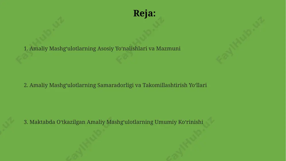 nazariy bilimlarni amaliyotga qo‘llashda qiyinchiliklar kuzatildi, buning yechimi sifatida qo‘shimcha master-klasslar va individual maslahatlar tashkil etildi. amaliyot ishtirokchilarining tajribasi va baholari amaliyotning 85% ishtirokchilari o'z bilim va ko'nikmalarini amaliy qo'llashda sezilarli yutuqlarga erishganliklarini ta'kidlashdi, shu jumladan 70% dan ortig'i yangi texnologiyalar bilan tanishgan. amaliyot davomida 15 ta turli loyihalar ustida ishlangan bo'lib, ishtirokchilarning 60% dan ortig'i mustaqil ravishda loyiha vazifalarini bajarish tajribasini orttirganlar. savollarnoma natijalariga ko'ra, amaliyotning samaradorligi 4,2 ball bilan baholandi (5 ball shkalasi bo'yicha), ishtirokchilarning 90% i kelajakdagi faoliyatida qo'llaniladigan amaliy ko'nikmalarga ega bo'lishganini qayd etdi. amaliyotning davomiyligi va tartibi amaliyot davrida talabalarning ishlarini baholash 5 ball shkalasi bo'yicha amalga oshiriladi va yakuniy baholash 70% amaliy ishlar va 30% nazariy bilimni qamrab oladi. amaliyot 2 hafta davom etadi va haftasiga 5 kun, kuniga 6 soatdan o'tkaziladi, jami 60 soatlik mashg'ulotni o'z ichiga oladi. har bir amaliyotchi o'zining individual ta'lim rejasiga muvofiq, kamida 3 ta turli xil vazifalarni bajarishi …