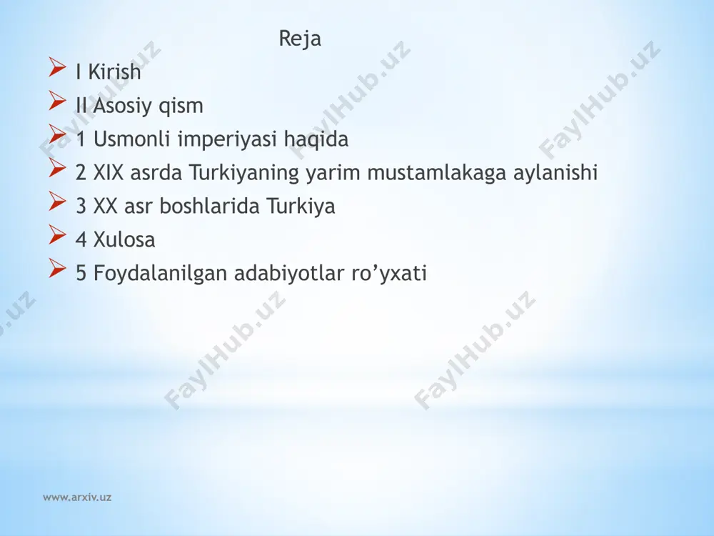 opgan edi. xristianlardan asir tushgan qul bolalar yoshligidan mashq qildirilib, bu korpusga xizmat qilishlari uchun tayyorlanar edilar. ular keyinchalik xatna(sunnat) qilinib, musulmon dinini qabul qilar edilar. turklar bolalarni go`daklik chog’idan qattiq intizomga o`rgatishar. mutaxassislar qo`lida harbiy ta`lim berishar edi www.arxiv.uz usmonli turk davlati o`zining ichki va tashqi siyosatini, davlat tuzilishini yevropadagi buyuk o`zgarishlar asosida isloh qilishga majbur bo`lib soldi. bu davrga kelib, usmonli turk davlati yashagan «ozinliklar» davlat mahkamalarida anchagina yuqori mavqeini egallab olgan edilar. ular orasidan moliyaviy jihatdan mavqei o`ta kuchli kishilar yetishib chiqqan edilar. fransuz inqilobi natijasida ular ham o`zlarining siyosiy huquqlarini talab qila boshladilar. natijada birinchi marta yevropa, aniqrog’i rossiya bilan usmonli turk davlati o`rtasida «kuchuk saynarja»(1774) bitimi imzolandi. siyosiy huquqlarini kundalik mavzuga aylantirgan. ushbu bitim bilan «ozinliklar» o`z vaqt davom etgan tobelikdan keyin birinchi marta usmonli turk davlatida o`z xohishlarini, ma`lum ma`noda tazyiqlarini o`tkaza boshladilar.xatto sulton mahdumd (1808-1839) ularni o`z avlodim(sarindoshlarim), o`z vatandoshlarim deyishga majbur bo`ldi. …