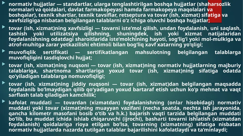 boshqa vakolatli davlat organlariga murojaat etish; iste’molchilarning jamoat birlashmalarini tuzish. qonunning moddalariga sharh qonunning birlamchi tahriridagi 4-moddasida iste’molchilarning 6 ta asosiy huquqlari, ya’ni ma’lumot olish, erkin tanlash, xavfsizlikka bo‘lgan huquq, yetkazilgan moddiy ziyon va ma’naviy zararning qoplanishi, sudga va boshqa davlat organlariga murojaat etish, jamoat birlashmalarini tuzish huquqlari qatoridan iste’molchining bilim va ta’lim olish huquqiga negadir hali-hanuz o‘rin berilmayapti. to‘g‘ri, vazirlar mahkamasining 2002 yil 28 noyabrdagi “iste’molchilar huquqlarini himoya qilishda jamoatchilik ishtirokini kengaytirish chora-tadbirlari to‘g‘risida”gi 414-sonli qarori bilan iste’molchining bilim va ta’lim olish huquqi ta’minlab berilishi ko‘zda tutilgan, lekin bu norma nega asosiy qonunda o‘z aksini topmasligi kerak? qonunning 5-moddasida ishlab chiqaruvchi (ijrochi, sotuvchi)ga o‘zi haqidagi ma’lumotlarni taqdim etishi shartligi bo‘yicha bir qator majburiyatlar yuklatilgan bo‘lsada, mazkur majburiyatlarni bajarmaslik keltirib chiqaradigan aniq huquqiy ta’sir choralariga aniqlik kiritilmagan. shuningdek, taqdim etiladigan ma’lumotning tili bo‘yicha talablar ham ochiq qolgan. 13-modda. iste’molchiga nuqsonli tovar sotilganda uning huquqlari nuqsonli tovar sotilganda iste’molchi, agar bu …