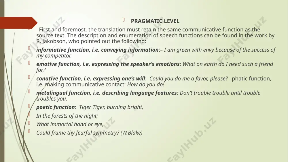 depends on a number of factors, such as the aim of the author, the requirements of the text, the perception by the receptor. what level of equivalence is better in translating the phrase the rain in spain stays mainly on the plain in the famous musical “my fair lady”? in russian musicals eliza pronounces another tongue twister: карл у клары украл кораллы, and it is much better than might be a word for word translation дождь в испании выпадает главным образом на равнинах, since the author’s (and the translator’s) aim was to show miss doolittle’s cockney speech but not convey the weather forecast. pragmatics of translation seems to dominate all other aspects of this type of communication. types of translation techniques to transfer a form from one language to another with different alphabets, the translator either copies the form by the letters of the target language or changes it by …