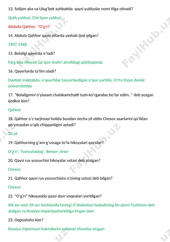 i deb bilgan? chexov 22. “o’g’ri” hikoyasida qaysi davr voqealari yoritilgan? xix asr oxiri xx asr boshlarida hozirgi o’zbekiston hududining bir qismi turkiston deb atalgan va rossiya imperiyasitarkibiga kirgan davr 23. oqposhsho kim? rossiya imperiyasi hukmdorini xalqimiz shunday atagan 24. ellikboshi kim? mahalla yoki ovul rahbari 25. mingboshi kim? tuman yoki daha hokimi 26. amin kim? bir necha qishloqni boshqargan amaldor 27. pristav kim? politsiya boshlig’i 28. tilmoch kim? tarjimon 29. “o’g’ri” hikoyasiga qanday epigraf qo’yilgan? otning o’limi – itning bayrami 30. xatga tushadi iborasining ma’nosi nima? tortib olinadigan narsalar ro’yxatiga qo’shiladi 31. kampir tong qorong’usida nima maqsadda turgan edi? xamir qilgani 32. og’ilxona qaysi tomondan teshilgan edi? ko’cha tomondan 33. qobil boboning qo’shnisi bo’lgan amaldor kim? burunsiz ellikboshi 34. taftish so’zining ma’nosi nima? tekshirish 35. ellikboshining qaysi harakati qobil boboga umid bag’ishlagan edi? og’ilga kirib taftish qilishi 36. qobil boboning ho’kizi qanaqa edi? ola ho’kiz 37. ellikboshi shu lavozimni …