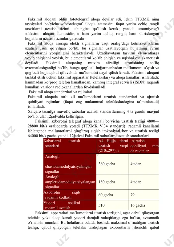 raqobatni elektron pochta — «e­mail» yaratmoqda). faksimil aloqa (facsimile communication) — qo’zg’almas tasvir va matnlarni masofadan turib uzatish jarayonidir; uning asosiy vazifasi hujjatlarni jo’natuvchining qog’ozli varaqlaridan oluvchining qog’ozli varaqlariga uzatishdan iboratdir; bunday hujjatlar sifatida matnlar, chizmalar, rasmlar, sxemalar, fotosuratlar va sh.o’. bo’lishi mumkin. aslini olganda, axborotni faksimil uzatish usuli hujjatlarni masofadan turib nusxasini ko’chirishdir. faksimil aloqani oldin fototelegraf aloqa deyilar edi, lekin ttxmk ning tavsiyalari bo’yicha «fototelegraf aloqa» atamasini faqat yarim ochiq rangli tasvirlarni uzatish tizimi uchungina qo’llash kerak; yanada umumiyrog’i «faksimil aloqa» atamasidir, u ham yarim ochiq, rangli, ham shtrixlangan hujjatlarni uzatish tizimlariga xosdir. faksimil aloqa asosiga elektr signallarni vaqt oralig’dagi ketma­ketliklarini uzatish usuli qo’yilgan bo’lib, bu signallar uzatilayotgan hujjatning ayrim elementlarini yorqinligini harakterlaydi. uzatilayotgan tasvirni elementlarga yoyib chiqishni yoyish, bu elementlarni ko’rib chiqish va uqishni esa skanerlash deyiladi. faksimil aloqaning muxim afzalligi uzatishning to’liq avtomatlashganligi bo’lib, bunga qog’ozli hujjat­manbadan ma’lumotni o’qish va qog’ozli hujjat­qabul qiluvchida ma’lumotni qayd qilish …