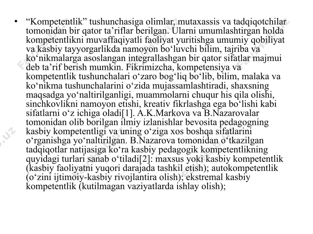 iqadigan turli vaziyatlarni mohirona hal qilish, o’z faoliyatini, kasbiy rivojlanishi, jamoaviy taraqqiyotini doimiy nazorat qilish va natijalarini real baholash, o’z ustida doimiy ishlash, shu bilan birga psixologik, metodik, informatsion, kreativ, innovatsion va kommunikativ kompetentlik kabi bir qancha kompetensiyalarni o’z ichiga oladi. kasbiy kompetentlik deganda mutaxassis dunyoqarashining kengligi, uning ishbilarmonlik mahorati va shaxsiy sifatlari, bilim, ko’nikma hamda malakalariga suyangan holda to’g’ri qarorlar qabul qila olishi tushuniladi. oliy ta’lim o’qituvchisining kasbiy kompetensiyasi takomillashuvida nazariy tayyorgarliklar bilan birga amaliy tayyorgarliklar uzviyligi ta’minlanishi kerak. bolajak o’qituvchilarining nazariy va amaliy tayyorgarligi tashkiliy jihatdan qanday shakl va melodlarda bo’lmasin, quyidagi didaktik tamoyillarga asoslanadi: nazariy va amaliy bilimlar uzviyligi; kasbiy bilim va ko’nikmalarni tizimli tarzda takomillashtirib borishi; bo’lajak kasbiy-pedagogik faoliyat bilan funksional bog’liqlik: talabalar amaliy faoliyatining ko’rgazmaliligi; o’z kasbiy faoliyati yuzasidan bosqichma-bosqich mustaqil faoliyat yurgazishga intilish va mas’uliyal hissini shakllanishi; bo’lajak o’qituvchilarda nazariy va amaliy bilimlar hamda ko’nikmalarini takomillashishi natijasida kompetensiyani shakllanishi va rivojlanishi. pedagogning kompetentligi – …