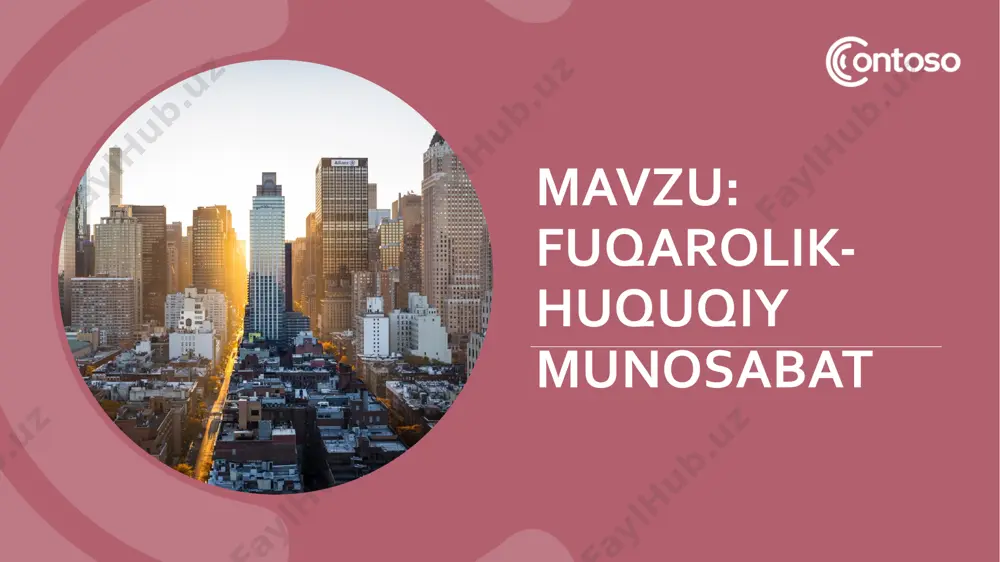 uqiy munosabatlar gina huquq yoki majburiyat oladi shartnomaga asoslangan barcha huquqlar nisbiy huquqlar jumlasidandir.nisbiy huquqlarga asoslangan talablarning amalga oshirilishi,majburiyatlarning bajarilishi,qarzga olingan pulning to’lanishi bo’yicha o’z zimmasiga shartnoma asosida majburiyat olgan shaxsdangina talab qilish mumkin. 10 nisbiy huquqiy munosabat deyilganda faqat bir shaxs(yoki shaxslar ) 11 mulkiy huquqiy munosabatlarda huquq egasi bo`lgan shaxslar boshqa shaxslarning ijobiy harakatlariga muhtoj bo`lmay o`z huquqlarini o`zlari bevosita amalga oshirish imkoniyatiga ega bo`ladilar. majburiyat munosabatlari nisbiy munosabatdan iborat bo`lib mulkiy huquqiy munosabatlar bilan bog`liq bo`lsa ham hamma vaqt moddiy narsa bilan bog`liq bo`lmasligi mumkun. masalan muayyan ishlarni bajarish, xizmat ko`rsatilishi yoki yetkazilgan zararni to`latilishiga qaratilishi lozim. ta`sis shartnomasida qatnashish kooparativga a`zo bo`lib kirish aksiyalarni sotib olish va boshlalar kiradi. 12 korparativ huquqiy munosabatlarning vujudga kelish asoslari jumlasiga quyidagilar kiradi: fuqarolik huquqiy munosabatlarida muayyan huquq subyektiga imtiyoz,avfzallik beruvchi huquqular mazmunini o`z ichiga olgan alohida guruhdagi huquqiy munosabatlar tushuniladi.masalan ulushli mulkda umumiy ulushli mulkdagi ulush sotib olinganda sherik …