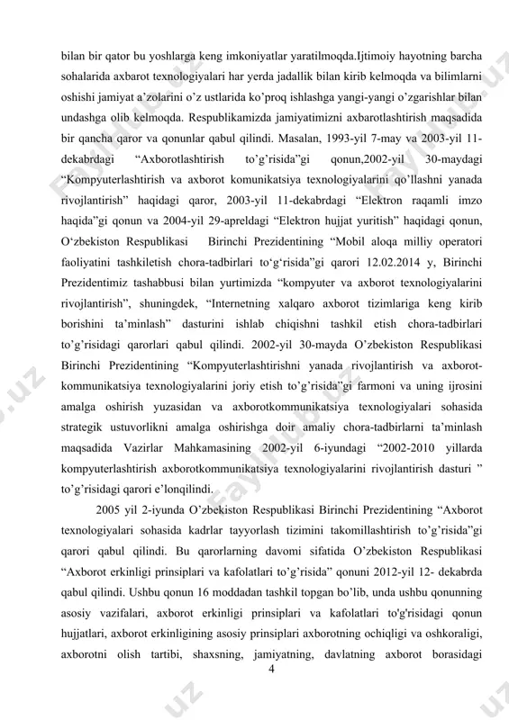 utaxassislari, faoliyat doiralari qanday bo’lishidan qat’iy nazar informatika bo’yicha keng ko’lamdagi bilimlarga, zamonaviy hisoblash texnikasi, informatsion aloqa va kommunikatsiya tizimlari, orgtexnika vositalari va ulardan foydalanish borasida yetarli malakalarga ega bo’lishi, hamda yangi informatsion texnika va texnologiya asoslarini uning ertangi kuni, rivoji to’g’risidagi bilimlarni o’zida mujassamlashtirgan bo’lishi kerak. zamonaviy hisoblash texnikasi va informatsion texnologiyalarning kun sayin rivojlanib, jamiyatning esa tobora informatsiyalashib borishi sababli, uzluksiz ta’lim tizimining o’rta va yuqori bosqichlariga informatika, ishlab chiqarish va boshqarish jarayonlarini kompyuterlashtirish bo’yicha bir qator o’quv fanlari kiritilgan. oxirgi davrda axborotli muhitda katta o’zgarishlar bo’lib bormoqda. ana shu o’zgarishlar qog’ozsiz texnologiya zarurligini keltirib chiqardi. bu esa o’z navbatida ehm ning yanada keng rivojlanishiga sabab bo’ldi. kompyuterlashtirish texnik muammolarni o’z ichiga olsa, axborotlashtirish kompleks jarayon bo’lib, u jamiyat hayotining barcha jabhalarini qamrab oladi. kompyuterlar uning texnik asosinigina tashkil etadi xolos.respublikamizda viloyatlar, shaharlar, tumanlarga qarashli korxonalar, tashkilotlar va muassasalar zamonaviy kompyuter texnikalari bilan jihozlanib, ular maxsus qurilmalar (telefon …