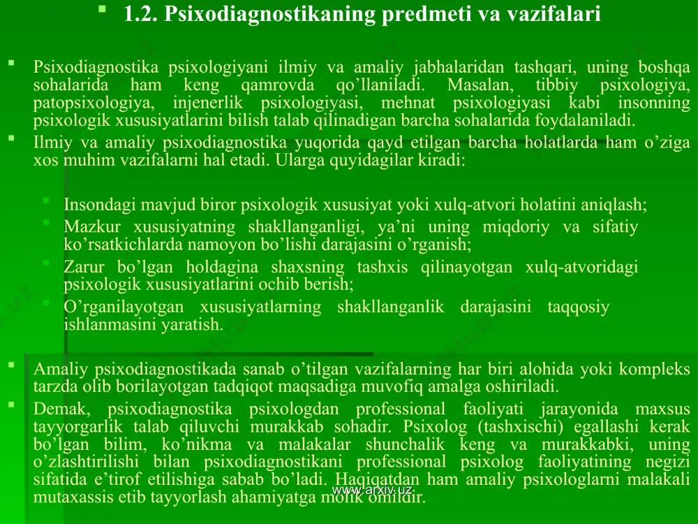 anida “psixologik tashxis qo’yish” so’zining ikki xil tushunchasi mavjud. birinchisi, “psixodiagnostika” – amaliyotda turli psixodiagnostik usullardan foydalanish mumkin bo’lgan psixologik bilimlar doirasini ifodalab, u o’z ichiga tashxis jarayonini muhim ahamiyat kasb etadigan quyidagi qator masalalarni amalga oshirishda qamrab oladi: psixologik xususiyatlar tabiati va ularni ilmiy baholash imkoniyatlarining mavjudligi qanday? psixologik xususiyatlarni aniqlash jarayonida va miqdoriy baholash vaqtdagi umumiy bo’lgan ilmiy asoslar holati qay tarzda? hozirgi vaqtda qo’llanila-yotgan psixodiagnostik usul-lar qabul qilingan umum-ilmiy, metodologik talab-larga qanchalik mos keladi? psixodiagnostikaning turli usullarigaqo’yiladigan me todologik talablar nimalardan iborat? amaliy psixodiagnostika, jumladan, tashxis jarayon-larini amalga oshirish sha-roitlariga qo’yiladigan ta-lablar, olingan natijalarni “psixodiagnostika” – amaliyotda turli psixodiagnostik usullardan foydalanish mumkin bo’lgan psixologik bilimlar doirasini ifodalaydi.qayta ishlash va tahlil qilish usullarining ishonchlilik darajasini asosligi qanday? psixodagnostik metodlarning ilmiyligini tekshirish va ularni yaratish jarayonlari qanday amalga oshadi? ilmiy va amaliy psixodiagnostikaning asosiy masalalari www.arxiv.uz www.arxiv.uz hozirda hayotimizda mavjud bo’lgan barcha fan yo’nalishlarining ahamiyati eng avvalo ularning tadbiqiy …
