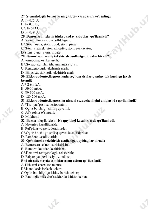 36. ichimlik suvida ftor miqdorini oshib ketishi qanday kasallikni keltirib chiqaradi? a. gipoplaziya; b.*flyuoroz; c. giperplaziya; d. tish eroziyasi. 37. katta yoshdagilar sutka davomida ichimlik suvi bilan qancha ftor qabul qilishi kerak? a. 2,2-2,5mg; b. 2,6-3,3 mg; c.*1,2-2 mg; d. 1,5-4 mg. 38. gipoplaziya bu… a.tish qattiq to‘qimasining shikastlanishi; b.tish qattiq to‘qimasining demineralizatsiyasi; c.tish qattiq to‘qimasining irsiy kasalligi; d.*tish qattiq to‘qimasining tish chiqqandan keyingi nokaries kasalligi. 39. karies tabiatiga ega bo‘lmagan kasalliklarga kiradi: a.*ponasimon nuqson; b. tugallanmagan amelogenez; c. tugallanmagan dentinogenez; d. kapdepon displaziyasi. 40. blek tasnifi bo’yicha nechta sinf mavjud? a. 2 ta; b. 4 ta; c.* 5 ta; d. 6 ta. 41. tish kariesi deb nimaga aytiladi? a. emalning yaltiroqligi va tiniqligini yo‘qolishi; b.*tish qattiq to‘qimasi demineralizatsiyasi; c. tish qattiq to‘qimasi sezuvchanligini oshishi; d. modda almashinuvining buzilishi. 42. topografik va klinik xususiyatlariga ko‘ra karies tasnifi: a. fissur karies, aproksimal karies, bo‘yin oldi kariesi, sirkulyar karies; b. emal kariesi, …