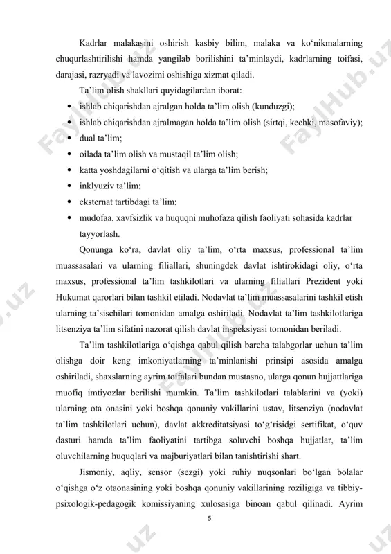 holati kurs ishining tuzilishi: kirish, 2 bob, 5 bo‘lim, xulosa va foydalanilgan adabiyotlardan iborat. i bob milliy tarbiya konsepsiyasi 1.1 “ta’lim to‘g‘risida”gi qonunning mohiyati va mazmuni tayanch so’zlar : ta’lim to’g’risidagi qonun, konsepsiya, uzluksiz milliy tarbiya konsepsiyasi, tarbiya, 1. tarbiyaviy ishlar jarayonining ijtimoiy ahamiyati. respublikamiz mustaqillikka erishgach ta’lim-tarbiya jarayonini rivojlantirish uchun bir qancha yangi asoslar yuzaga keldi. jumladan “ta’lim to’g’risidagi” qonun , “kadrlar tayyorlash milliy dasturi” ning yaratilishi ta’limni tubdan halos etish , rivojlangan demokratik davlatlar darajasida, yuksak ma’naviy va ahloqiy talablarga javob beruvchi malakali kadrlar tayyorlash imkoniyatini beradi. o’zbekiston respublikasining birinchi prezidenti i.a.karimov o’zining bir qancha nutq va risolalarida istiqbolga erishishning yo’llari, tamoyillarini aniq va ravshan ko’rsatib bergan. ayniqsa, “istiqlol va ma’naviyat”, “o’zbekiston xxi asr bo’sag’asida”, “ barkamol avlod orzusi ” kabi asarlarida jamiyatning ma’naviy jihatdan yangilanishi va rivojlanishi, tarbiya masalalari, ijtimoiy tarbiyaning aosiy negizlari bayon etilgan. tarbiya tushunchasi millat tarixi va jamiyat taraqqiyotining turli davrlarida turlicha mohiyatga ega …