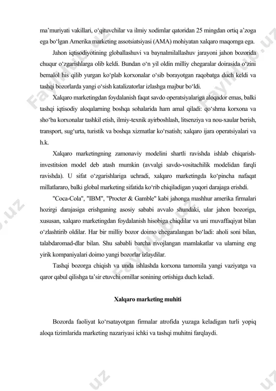 him rol o‘ynaydi. tashqi muhit ko‘rsatkichlarini to‘g‘ri baholash, undan marketing strategiyasi va taktikasida foydalanish xalqaro marketing uchun o‘ta muhim ahamiyat kasb etadi, firmaning tashqi iqtisodiy faoliyati natijalariga hal qiluvchi ta’sir ko‘rsatishi mumkin bo‘ladi. ichki va tashqi muhit omillarini ikki guruhga ajratish mumkin: 1) firma tomonidan boshqariladigan omillar; 2) firma tomonidan boshqarilmaydigan (demak, firmaning o‘ziga moslashishini talab qiladigan) omillar. xalqaro marketingga nisbatan tashqi muhit ko‘pincha ikki qismga bo‘linadi: iqtisodiy va madaniy muhit. biroq batafsilroq o‘rganish uchun uni to‘rt qismga: iqtisodiy, ijtimoiy-madaniy, siyosiy-huquqiy va tabiiy sohaga ajratish maqsadga muvofiq. mamlakat iqtisodiy muhiti tovar va xizmatlar iste’molining hozirgi va potensial imkoniyatlarini ko‘rsatadi. iqtisodiy muhitni tavsiflaydigan asosiy ko‘rsatkichlar: turmush darajasi, yalpi milliy mahsulot, iqtisodiyotning rivojlanish darajasi va milliy valyuta barqarorligi. yalpi milliy mahsulot (yamm) bu - mamlakatda yil davomida yaratilgan tovarlar va xizmatlar umumiy qiymati. yamm umumiy hajmi va uning aholi jon boshiga to‘g‘ri keladigan ko‘rsatkichlari mamlakat farovonligining eng tez-tez foydalaniladigan indikatorlari sanaladi, chunki …