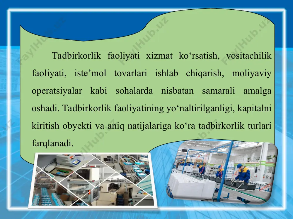 liyat yuzasidan hamkorlar, boshqa tadbirkorlar va davlat idoralari bilan munosabati jihatidan farqlanuvchi belgilar tizimidir. tadbirkorlikning muayyan shakli bozorning holati va tadbirkor ixtiyorida kapitalning mavjudligi orqali belgilanadi. tadbirkorlikning asosiy shakllariga yakka tartibdagi tadbirkorlik, jamoa tadbirkorligi, korporativ tadbirkorlik kiradi. tadbirkorlik har bir shaklining o‘ziga xos xususiyatlarini keyingi mavzularda ko‘rib chiqamiz.