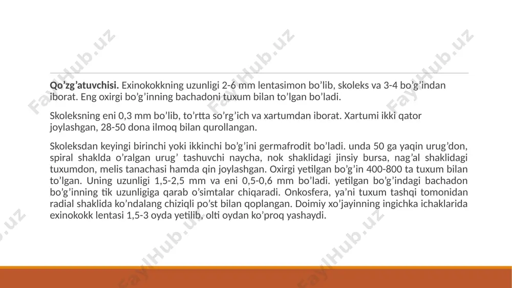 niq suyuqlik bilan to’lgan, uning ichki germinativ pardasining diametri 2-3 mm. unda 100-250 ta skoleksi to’p-to’p bo’lib yopishib turadi. itlar senuroz bilan kasallangan mollarning boshini yeb multisepidoz bilan kasallanadi. ularning ichaklarida 41-73 kundan keyin lentasimon, jinsiy voyaga yetgan gelmint multiceps-multiceps rivojlanadi. yosh itlarning ichaklarida parazit tezroq rivojlanadi. it, mushuk va boshqa hayvonlarning lentasimon shakldagi sestoda - multiceps-multiceps bilan zararlanganligini aniqlash uchun ularning axlati laboratoriyada tekshiriladi. oldini olish. bu kasallikning asosan it orqali yuqishini nazarda tutib, avval itlarni multiceps-multiceps gelmintlaridan tozalash kerak. shu maqsadda senuroz kasalligidan o’lgan yoki majburiy so’yilgan mollarning boshini itlarga bermaslik, o’lgan molni faqat hayvon mozorlarida yoki maxsus chuqurlar yonida yorib ko’rish va shu joyda yo’qotish kerak. kerakli itlar ro’yxatga olinadi, gelmintsizlantiriladi; daydi it, tulki, bo’ri va boshqalar yo’q qilinadi va senurozdan o’lgan hayvonlar maxsus maydon yoki punktlarda yoriladi. senurozda klinik belgilar asosan pufak miyaning qaysi qismida joylashishiga qarab turlicha bo‘lib, asosan quyidagi belgillar ishtahaning pasayishi, kordinatsiyaning buzulishi, …