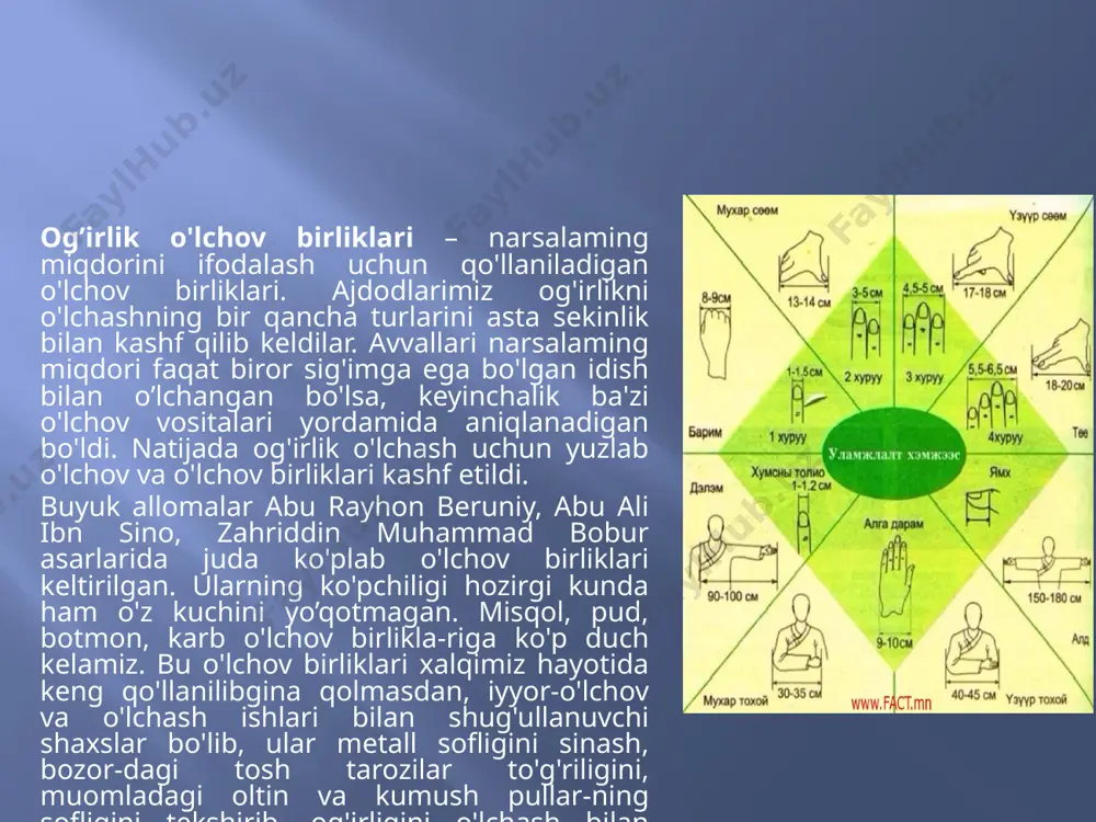 k-larining nomlari birliklarning qadoq bo'yicha qiymatlari xalqaro birliklar tizimidagi qiymatlari 1 1 arpa doni 1.1104 0,04095=0,00004095kg 2 1 misqol=100 arpa doni 1-102 4,095g=0,004095 kg 3 1 qadoq =100 misqol 1 = 4 1 kumush tosh = 250 misqol 2,5 1023,75r =1,02375 kg 5 1 oltin tosh = 500 misqol 5 = 6 to'rtdan bir pud 1000 misqol 10 =4,095 kg 7 yarim pul =2000 misqol 20 = 8 1 pud = 4000 misqol 40 = 9 l kichkina botmon=8 pud 320 = 10 1 botmon = 10 pud 400 =163,80 kg 11 1 katta botmon = 16 pud 640 = 12 1 eng katta botmon = 20 pud (bu ko'pincha botmon – motmon deb ham ataladi. 800 = samarqand xalqi 6-8-asrlardan, balki undan ham oldin og'irligi 4,46 g bo'lgan misqollarni qo'llashgan. bu misqollar (l misqol = 4,46 g) hozirgi kunda ham mamlakatimizda, shuningdek, ba'zi sharq mamlakatlari ham qo'llanilmoqda. farg'ona vodiysida …
