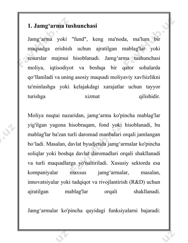 fsizlikni ta'minlashga xizmat qiladigan asosiy vositadir. 2. jamgʻarma turlari albatta, jamgʻarma turlari boʻyicha ma'lumot taqdim etaman. jamg'arma turlari moliyaviy jarayonlar va mablag'larni samarali boshqarishning muhim qismidir. oʻzbekiston yoki istalgan mamlakatda turli xil jamgʻarma turlari mavjud boʻlib, ular quyidagicha boʻlinishi mumkin: 1. **bank omonatlari**: bu eng oddiy va xavfsiz jamg'arma turi hisoblanadi. banklar turli muddatli omonatlar taklif qiladi, masalan, qisqa muddatli (3-6 oy), oʻrta muddatli (1-3 yil) va uzoq muddatli (5 yil va undan ortiq). omonatlar foiz stavkalari odatda banklar va milliy iqtisodiyotga bogʻliq holda oʻzgaradi. 2023-yilda ko'pgina banklar yillik 15-20% atrofida foiz taklif qilishi mumkin. 2. **investitsiya fondlari**: ushbu jamgʻarmalar investorlarning pul mablagʻlarini bir joyga toʻplab, turli aktivlarga, xususan, aksiyalarga, obligatsiyalarga, ko'chmas mulk yoki boshqa moliyaviy vositalarga investitsiya qiladi. investitsiya fondlari turli turlarga boʻlinadi: ochiq va yopiq fondlar, indeks fondlari, mutlaq daromad fondlari va boshqalar. yillik daromad koeffitsienti har xil bo'lishi mumkin va bu, odatda, fondning faoliyatidan va bozor shartlaridan …