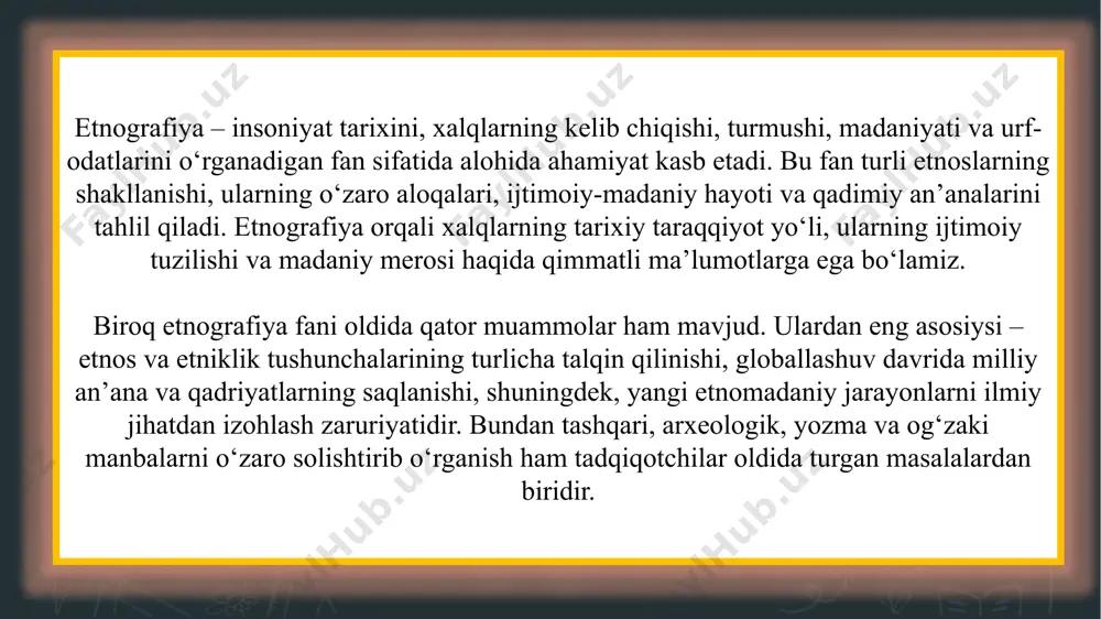 uruhlar o‘rtasidagi an’anaviy muloqotlarni kamaytiradi. bu holatlar etnografik tadqiqotlarni qiyinlashtiradi, chunki xalqning tarixiy-madaniy xotirasi butunlay saqlanib qolmaydi. shu sababli ilmiy tadqiqotchilar zamonaviy sharoitda milliy o‘zlik va urf-odatlarni saqlash metodlarini ishlab chiqishga intiladi. etnografiya muammolarining yana biri – an’anaviy urf-odatlarni zamonaviy hayot bilan uyg‘unlashtirish. ko‘plab qadimiy marosimlar va xalq urf-odatlari texnologik va madaniy o‘zgarishlar natijasida yo‘qolib ketishi xavfi ostida. masalan, milliy to‘y marosimlari, dehqonchilik va chorvachilikga asoslangan qadimiy an’analar endilikda shahar hayotida kam uchraydi. shu sababli etnografiya tadqiqotchilari xalq og‘zaki ijodi, dostonlar, qo‘shiqlar va marosimlarni hujjatlashtirib, ularni yosh avlodga yetkazish yo‘llarini izlaydilar. bu esa milliy madaniyatni saqlash va rivojlantirishda asosiy vosita sifatida xizmat qiladi. etnografiya muammolarini hal etish yo‘llari ilmiy tadqiqotlar va arxeologik hamda etnografik manbalardan foydalanish etnografiya muammolarini hal qilishda eng asosiy yo‘l – ilmiy tadqiqotlarni amalga oshirish va mavjud manbalardan samarali foydalanishdir. arxeologik yodgorliklar, qadimiy shahar qoldiqlari va moddiy madaniyat ob’ektlari xalqning tarixiy hayoti haqida qimmatli ma’lumot beradi. shu …