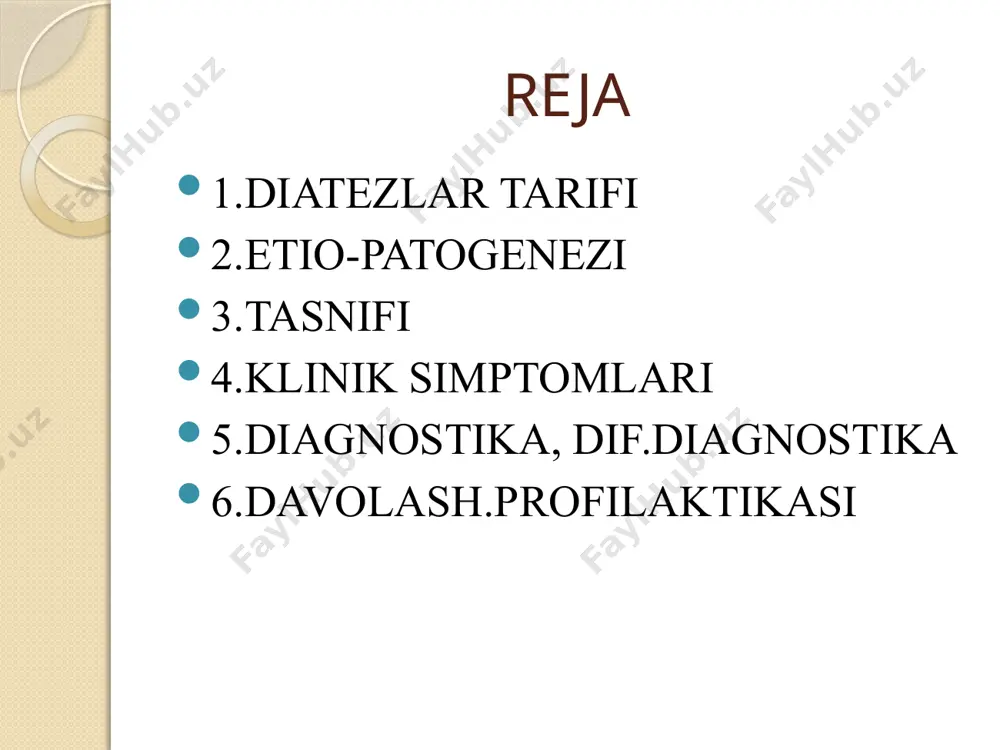k diatez ekssudativ-kataral (ekssudativli) diatez - erta yoshdagi bolalarga xos konstitusiya anomaliyasi bo’lib, teri va shilliq qavatlarning qaytalanuvchi deskvamativ zararlanishi, allergik reaksiyalar rivojlanishi va yalliglanish jarayonining cho’ziluvchan kechishi, shuningdek, suv-tuz almashinuvi buzilishi va limfoid giperplaziyaga moyillik bilan xarakterlanadi. 30-53% erta yoshdagi bolalarda ekssudativ - kataral diatezning qisqa vaqtli belgilari aniqlanadi. etiologiyusi ekssudativ-kataral diatezning asosiy xususiyati shundan iboratki, uning boshlanish vaqti ona (bolani ko’krak suti bilan emizganda) yo’ki bola ovqatida gistamin va gistamin liberatorlari ko’p bo’lgan maxsulotlar - qulupnay, yer yonqoq, sitruslilar, shokolad, baliq, pishloq, kolbasa, tomatlar, karam iste'mol qilinishi bilan bog’liq; bunda yuzaga keladigan allergik reaksiyalar immun mexanizmlar ishtirokisiz paydo bo´ladi. klinik simptomlari tana vaznining ortiqligi, kerikish, hayotining birinchi oyidan boshlab bicqhilish, gneys (boshining soch qismida yogli seboreyali tangachalar), terining quruqligi va oqarishi, sutli strup – yo’noq terisi va jag’ning qizarishi, keyinchalik qipiqlanish. ko’p ho’llarda terida eritematoz-papulezva eritematoz-vezikulez qichishadigan toshmalar, tirnalganda ikkilamchi infisirlanishi mumkin bo’lgan toshmalar paydo bo´ladi. "geografik til", …