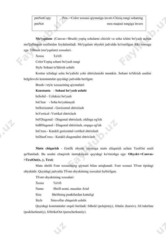 >textout(x, y, text) matn shrifti font xossasining qiymati bilan aniqlanadi. font xossasi tfont tipidagi obyektdir. quyidagi jadvalda tfont obyektining xossalari keltirilgan. tfont obyektining xossalari: xossa ta'rifi name shrift nomi, masalan arial size shriftning punktlardan kattaligi style simvollar chiqarish uslubi. quyidagi konstantalar orqali beriladi: fsbold (polujirniy), fsltalic (kursiv), fsunderline (podcherknutiy), fsstrikeout (perecherknutiy). bu xossa bir necha uslublarni kombinatsiyasini olishga imkon beradi. masalan: obyekt->canvas->font = [fsbold, fs italic] color simvollar rangi. matn chiqarish sohasi mo'yqalam joriy rangiga bo'yaladi. shuning uchun matn chiqarishdan oldin brush->color xossasiga bsclear qiymatini yoki soha rangiga mos qiymatni berish lozim. misol: form1->canvas->font->name = "tahoma"; form1->canvas->font->size = 20; form1->canvas->font->style=tfontstyles() canvas->brush->style = bsclear; form1->canvas->textout(0, 10, "borland c++ builder 7"); textout uslubi orqali matn ekranga chiqarilgandan so'ng qalam matn chiqarish sohasining yuqori o'ng burchagiga keltiriladi. 2.turli shakllarni chizish grafik primitivlarni chizish usullari chiziq-to'g'ri chiziq lineto usuli orqali amalga oshiriladi. // matnga rang berish canvas->font->color = clgreen; // matnga razmerini o'rnatish canvas->font->size …