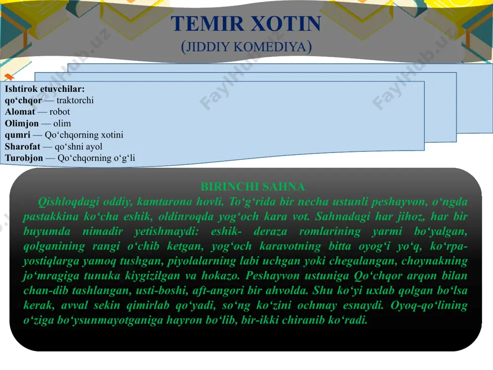 qo‘yaman. qo‘chqor: — (bu gapni kutmagan edi, dovdirab qoldi.) sening bo‘ying yetmaydi... qumri: — ixtiyoringiz... (kiyim-kechaklarni katta ro‘zg‘or sumkasiga joylay boshlaydi.) qo‘chqor:— menga qara, o‘zing bog‘ladingmi yo bitta-yarimtasi qarashvordimi? qumri: — (yig‘lamsirab.) sizga bas kelib bo‘larkanmi!.. bunaqa vaqtda traktor bo‘p ketasiz-ku. qo‘chqor: — kim keldi? qumri: — qishloqning yarmi keldi. baqirib dunyoni boshingizga ko‘tardingiz. olti kishi arang epladi-ya! (ichkariga kirib ketadi.) qo‘chqor:— ko‘pchilik yaxshi-da, ko‘pchilikdan o‘rgilay... (uy tomonga baqirib.) safar ham bormidi? a? sendan so‘rayapman, garangmisan?! qumri: — (ichkaridan.) ha, bor edi. qo‘chqor: — tag‘in kim chiqdi? qumri: — nima farqi bor? qo‘chqor: — farqi bor! ertaga kimdan uzr so‘rashimni bilishim kerakmi? e... bugun, deganim. qumri: — muhiddin akaning o‘g‘li ikkita o‘rtog‘i bilan armiyadan otpuskaga kelgan ekan, avval uch kishi bo‘lib o‘shalar chiqishdi. hech bo‘y bermadingiz. qo‘chqor: — armiya ham bas kelolmadi, degin? qumri: — (boshqa ko‘ylak kiyib chiqib.) keyin muhiddin aka bilan safar akalar chiqishdi. qo‘chqor: — yana? qumri: …