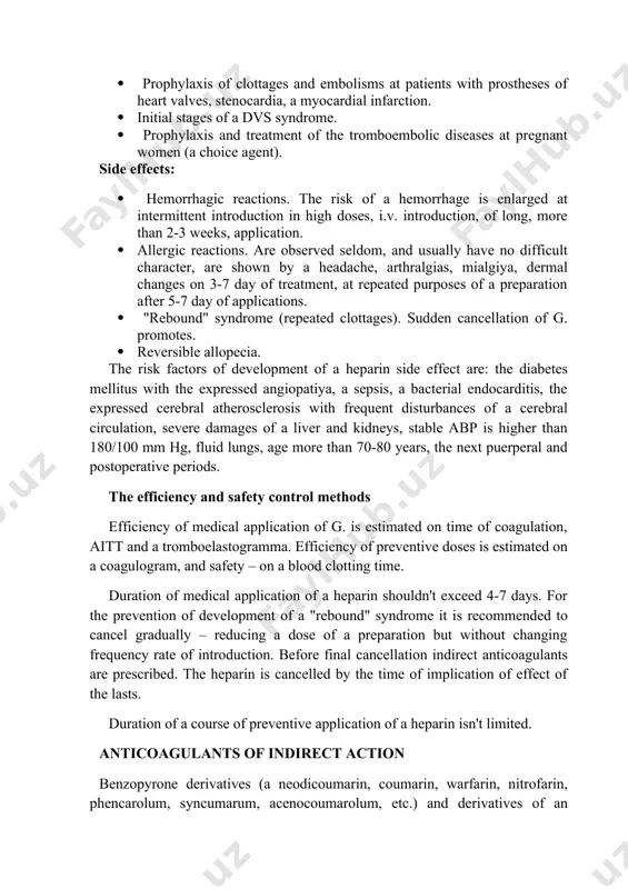 ofarin, phencarolum, syncumarum, acenocoumarolum, etc.) and derivatives of an indandion (phenilinum, omephinum, etc.) belong to indirect anticoagulants (iac). the action mechanism and main pharmacodynamic effects. synthesis of ii, vii, ix and x factors of a fibrillation is carried out by γ-carboxylating in which vitamin k participates, turning thus into an inactive, epoxy form. in addition there is an enzyme epoxide reductase under the influence of which epoxide restoration again in active vitamin k is carried out. if to block this enzyme, there will be no formation of the active vitamin k necessary for synthesis of the specified fibrillation factors. the short of the mechanism of indirect anticoagulants effects consists in it. anticoagulative action of indirect anticoagulants comes not at once, but develops through certain time after removal of earlier formed k-dependent factors of a fibrillation. pharmacokinetics. being lipophilic preparations the indirect anticoagulants well absorbed in a gastrointestinal tract (90-95%). are …
