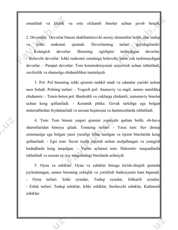 chiqarish quvvati 500 vt dan 2500 vt gacha. - isitish qozonlari: qozonlar odatda gaz, dizel yoki elektr energiyasi asosida ishlaydi. ilk quvvat 20 kvt dan 10 mvt gacha, binoning hajmi va issiqlik talabiga ko'ra o'rnatiladi. 3. kanalizatsiya tizimlari: - kanalizatsiya quvurlari: odatda polivinilxlorid (pvx) yoki polipropilen materiallaridan foydalaniladi. quvurlar diametri 110 mm dan 3000 mm gacha bo'lishi mumkin, tizimning o'lchami va oqava suv oqimi miqdoriga qarab. - nasos stansiyalari: oqova suvlarni ochiq joylardan olib ketish uchun qo'llaniladi. nasoslarning quvvati, oqim miqdoriga qarab, 1kvt dan 40 kvt gacha bo'lishi mumkin. 4. gaz taqsimoti tizimlari: - gaz quvurlari: odatda po'lat yoki polietilen materiallardan ishlab chiqariladi. quvurlar diametri 20 mm dan 1600 mm gacha turadi. - regulyatorlar: gaz bosimini ma'lum qiymatda ushlab turish uchun qo'llaniladi, odatda 16 mbar dan 100 mbar gacha. 5. havoni tozalash tizimlari: - ventilyatsiya tizimlari: binodagi havoni toza saqlash uchun mo'ljallangan. tizimda ishlatiladigan ventilyatorlar quvvati 0,1 kvt dan 5 …