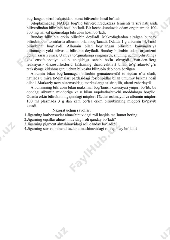 irozin va fenilalanin aminokislotalarrning miqdori me’yoriga keladi. aks holda bu metabolitlar miyanizaharlanishiga olib kelishi mumkin. 2.gipoproteinemiya - qon zardobi oqsillari sintezining susayishi hisobiga kelib chiqadi. bu holatda bolalar organizmida qondagi oqsilning miqdori 50 g/1 gacha, albuminlar miqdon esa - 30 g/1 gacha pasayadi. bola 2-3 yoshga yetganda normal holatga qaytishi 3.gipoprotrombinemiya yoki bolalarning gemorragik kasalligi deyiladi. protrombin oqsilining yetarli sintezlanmasligidan kelib chiqib uning miqdori bola 3-4 oylikka yetganda normallashadi. 4.gistidinemiya. jigar gistidin aminokislotasi almashinuvidagi asosiy a’zo bo‘lib, gistidin-ammiak-liaza fermentmi tutadi. bu fermentning yetishmasligi gistidinni urokanin kislotasiga aylanishini to‘xtatib, qonda gistidin aminokislotasining miqdorini 10 mg/gacha oshishiga olib keladi. 5.giperammoniyemiya - jigarda siydikchil sintezida ishtirok etuvchi ornitinkarbamoiltransferaza va karbomailfosfatsintetaza fermentlarining yetishmasligi natijasida kelib chiqadi. bu holatda qon zardobidagi ammiakning miqdori 500-1000 mg%gacha oshadi. qon zardobidagi umumiy oqsilning miqdon jigar faoliyatlaridan axborot beradi. umumiy oqsilning sog‘lom bolalardagi miqdori 6 - g/1 ga teng va og‘ir virusli gepatit kasalligida, uning surunkaliturlarida umumiy oqsilning qon …