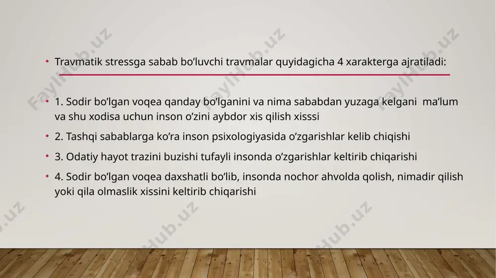 . bemor deyarli har qanday shaxsda umumiy iztirobga olib kelishi mumkin bo’lgan favqulodda tahdidli yoki halokatli harakterdagi stressli hodisa va vaziyatga (qisqa muddatli va uzoq muddatli) duchor bo’lishi kerak. b. doimiy xotiralar yoki esdaliklarda, takrorlanuvchi tushlarda stress omilini “qayta eslash” yoki stressni eslatuvchi va unga bog’liq vaziyatlarga duch kelganda qayg’uni qayta boshdan kechirish. v. bemorda stressni eslatuvchi yoki unga bog’liq vaziyatlardan qochish istagini namoyon bo’lishi. g. ikkisidan bittasi d. stressorga duch kelganda qisman yoki to’liq amneziya kuzatilishi. posttravmatik ruhiy buzilishlarning quyidagi turlari farqlanadi: xavotirli astenik disforik samatoform posttravmatik ruhiy buzilishlar namoyon bo’lishi va kechishiga ko’ra quyidagicha tafovut qilinadi: o’tkir( xodisadan keyin 3 oygacha rivojlanadi) surunkali( 3 oydan ortiq davom etadi) kechikkan( jarohatdan so’ng 6 oy yoki undan ko’proq vaqt o’tgach rivojlanadi). diagnostik metodlar: 1. kuzatuv 2. strukturaviy suhbat 3. shaxsni tadqiq qilishning proektiv usullari( rosrach testi, tematik idrok etish testi, luscher testi) 4. standardlashtirilgan so’rovnomalar( mmpi, cmill,ketel o’n olti faktorli …