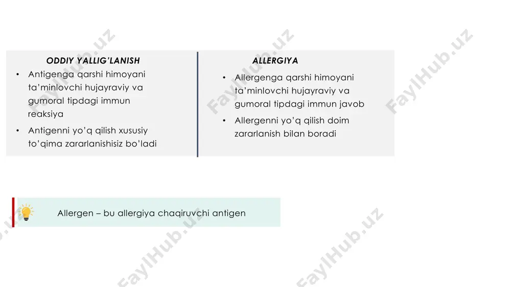 osqichda kechadi: immunologik bosqich: ▪ bunda antigen organizmga tushadi yoki organizm o’zidagi hujayralar o’zgarishidan hosil bo’ladi (autoallergen) allergen: 1) autoallergen: o’zgargan o’zgarmagan (m: kollagen, miyelin) 2) ekzogen: dori preparatlari antitanalar: igm, igg patokimyoviy bosqich: • bunda quyidagi immun jarayonlar kuzatiladi: − komplement sistema aktivlashuvi − erkin radikallar va peroksidlar generatsiyasi − immun jarayonlar degranulyatsiyasi • ikki xil mexanizmda kechadi: − sitotoksik (hujayra o’limi bilan kechadi) − sitotoksik bo’lmagan (o’lim kuzatilmaydi) sitotoksik mexanizm • xususiy to’qima hujayralari membranasidagi antigenga qarshi (autoimmun jarayon) igm ga bog’liq (membranaga qarshi kompleks hosil qiladi) antigen (fab) igm (fc) komplement sistema (c) membranaga qarshi kompleks (mac) (c5 – c9) hujayra o’limi + + k la ss ik yo ’l m em b ra n a te sh ili sh i bu antitanalar kumbs testi yordamida aniqlanishi mumkin antigen (fab) igg (fc) komplement sistema (c) + + c3a c5a (xemotaktik omil) neytrofil, bazofil hujayra o’limi peroksid mieloperoksid …